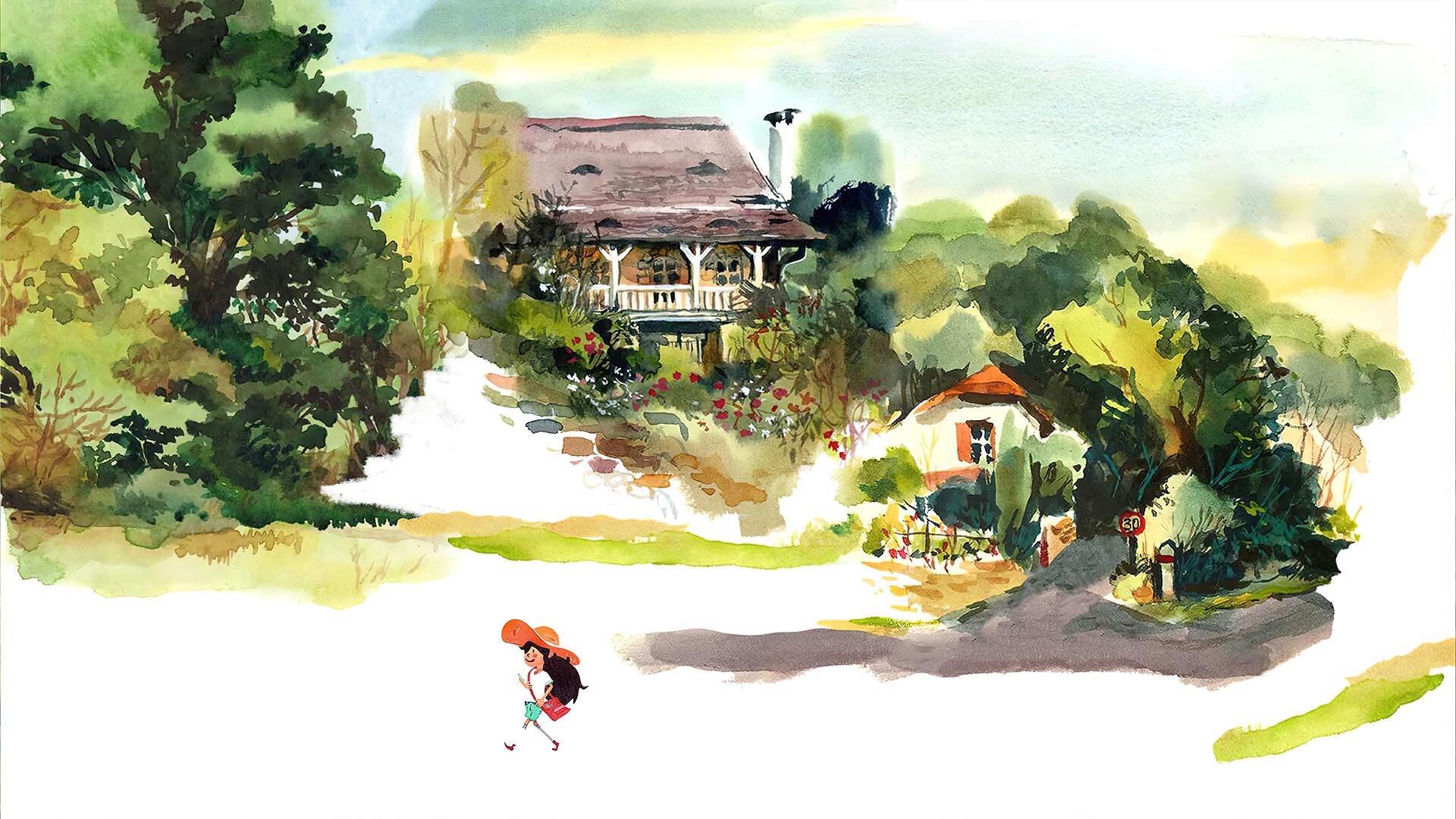 Official Dordogne screenshot showing a character inside a watercolor landscape