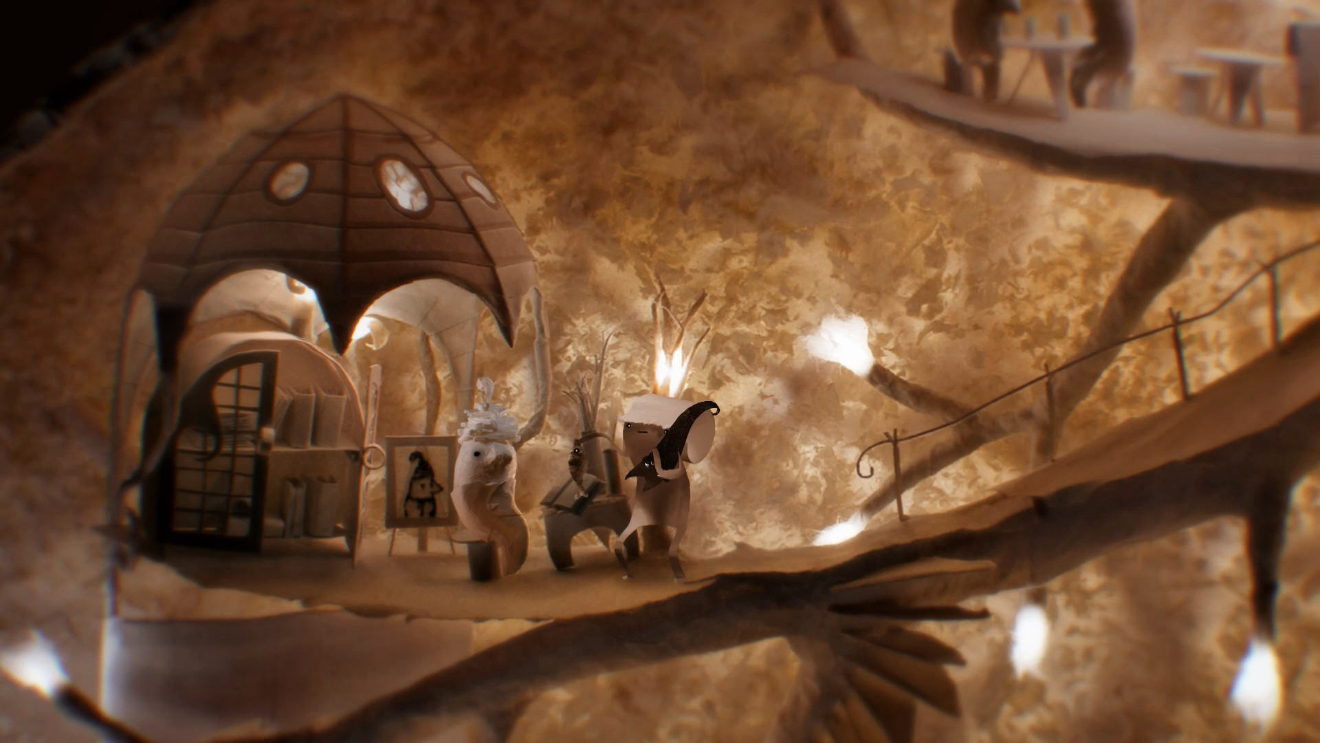 Papetura paper-crafted scene lit with warm light