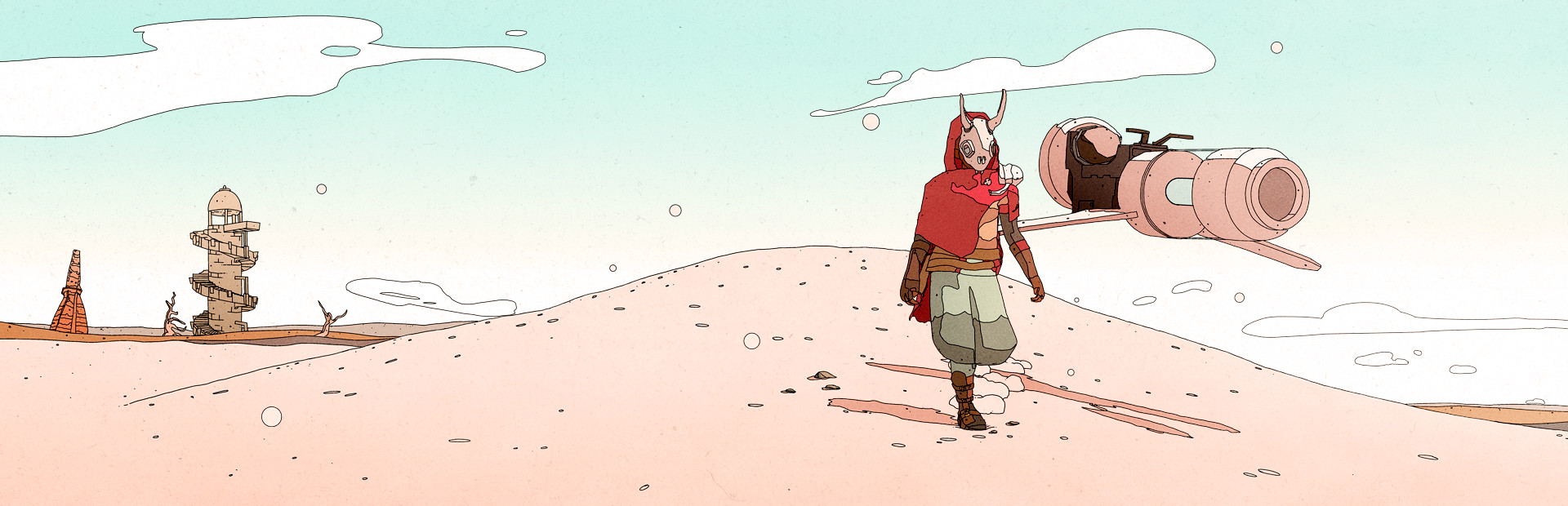 Official Sable artwork showing the rider and hoverbike crossing a pale illustrated desert