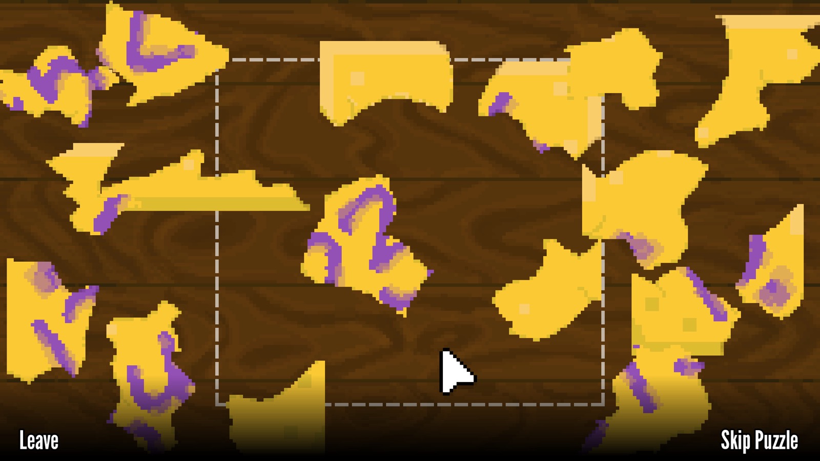 Official Aster Pebble gameplay screenshot showing torn yellow note pieces, a dashed assembly area, and Leave and Skip Puzzle options
