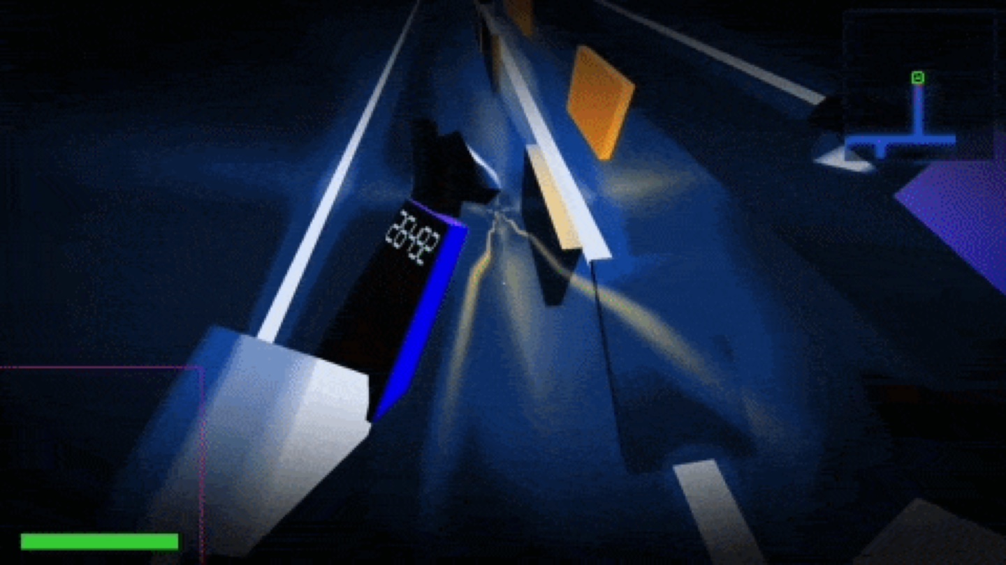 Official B4D-G3R gameplay frame showing a first-person high-speed corridor, the player's wrist display and an orange traversal marker ahead