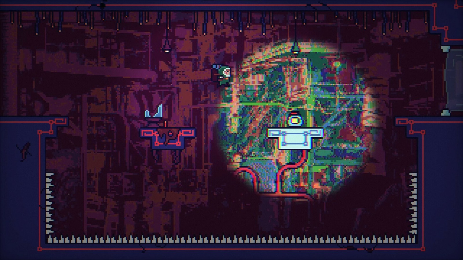 Official Backpack Boy gameplay screenshot showing a flashlight beam revealing an alternate platform inside a ruined facility