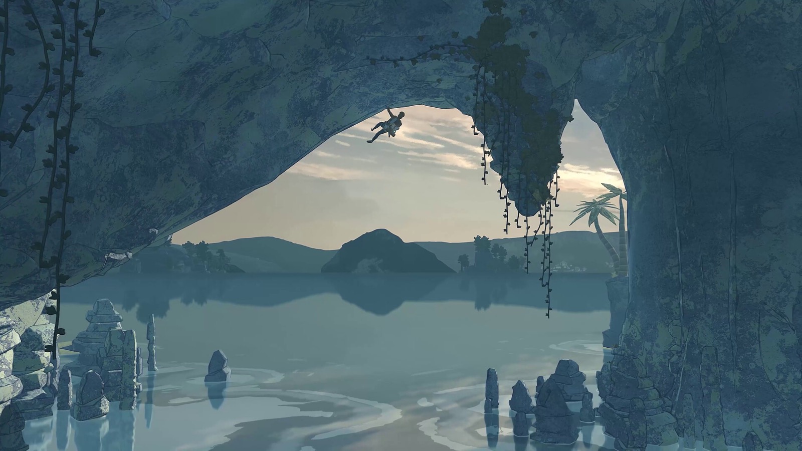 Official Cairn Deep Water screenshot showing a climber hanging beneath a rock arch above a wide pool