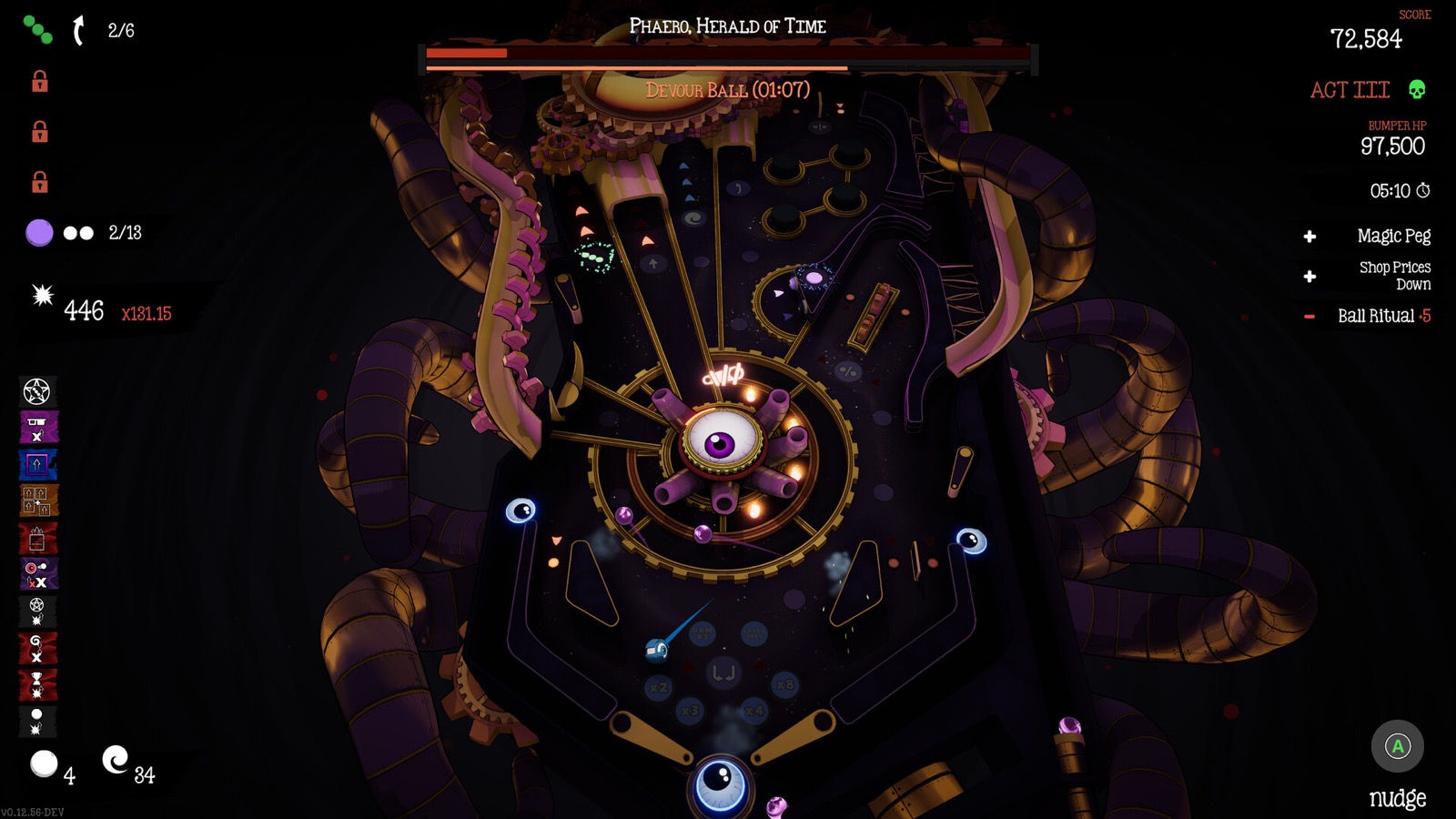 Official Cult of PiN screenshot showing a boss table with a red Devour Ball countdown above the playfield and spare balls listed in the lower left