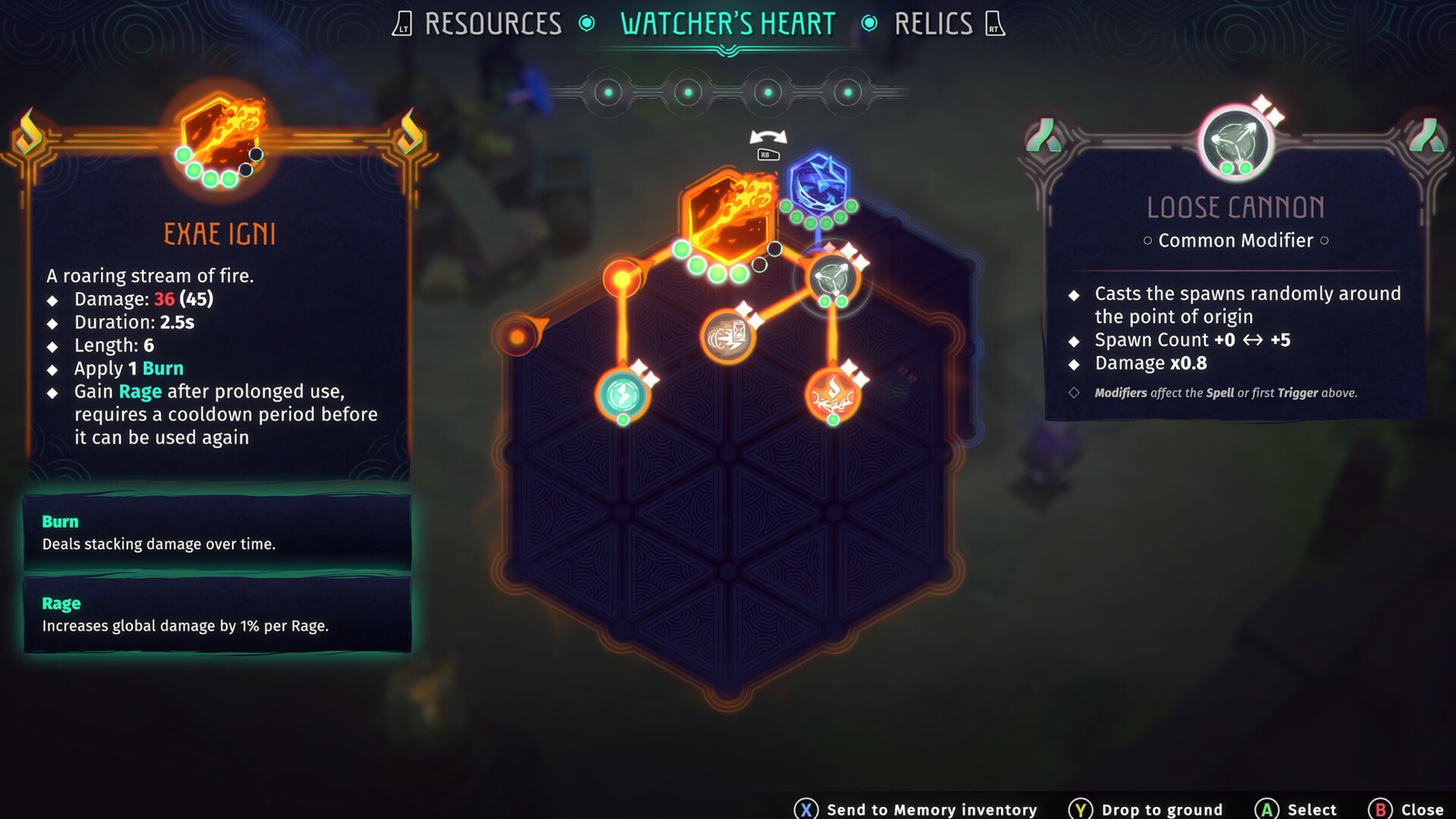 Official Echoes of Mystralia screenshot showing Memories linked across a partly empty hexagonal Spell Canvas