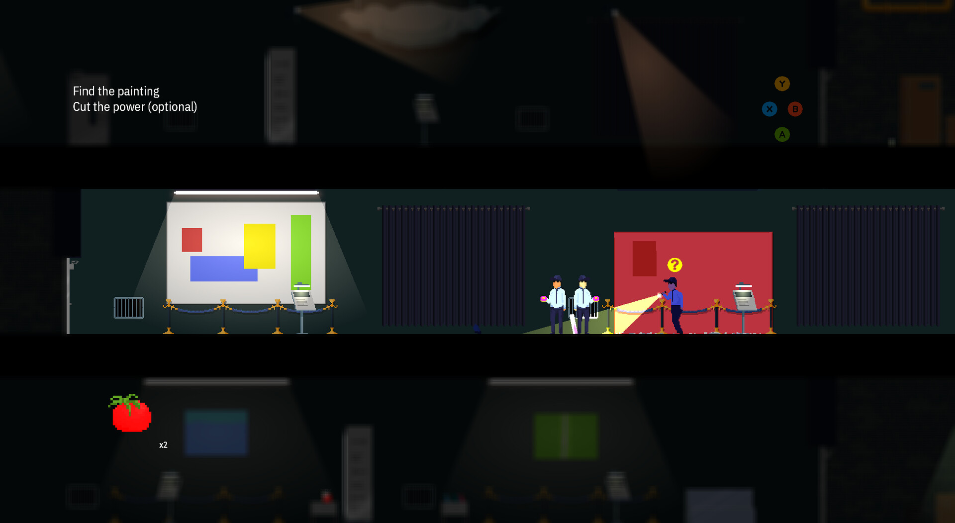 Official False Alarm gameplay screenshot showing a suspicious guard beside museum curtains, civilians, lights, and usable objects