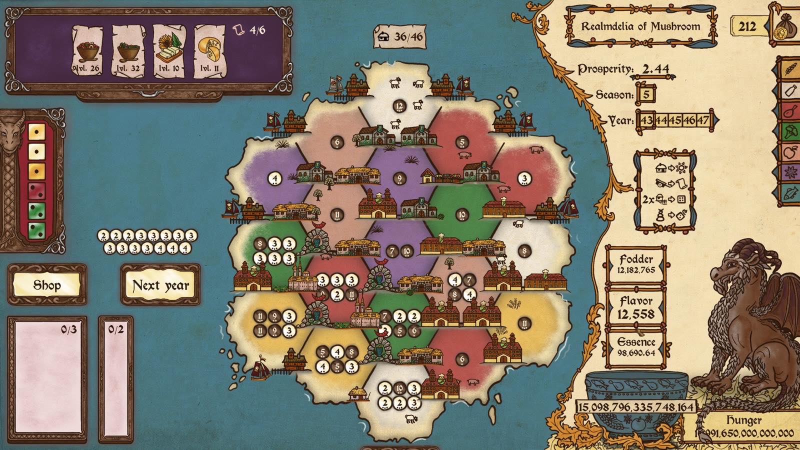 Official Feed the Scorchpot gameplay screenshot showing a crowded hex island beside separate Fodder, Flavor, Essence, total score, and dragon hunger values