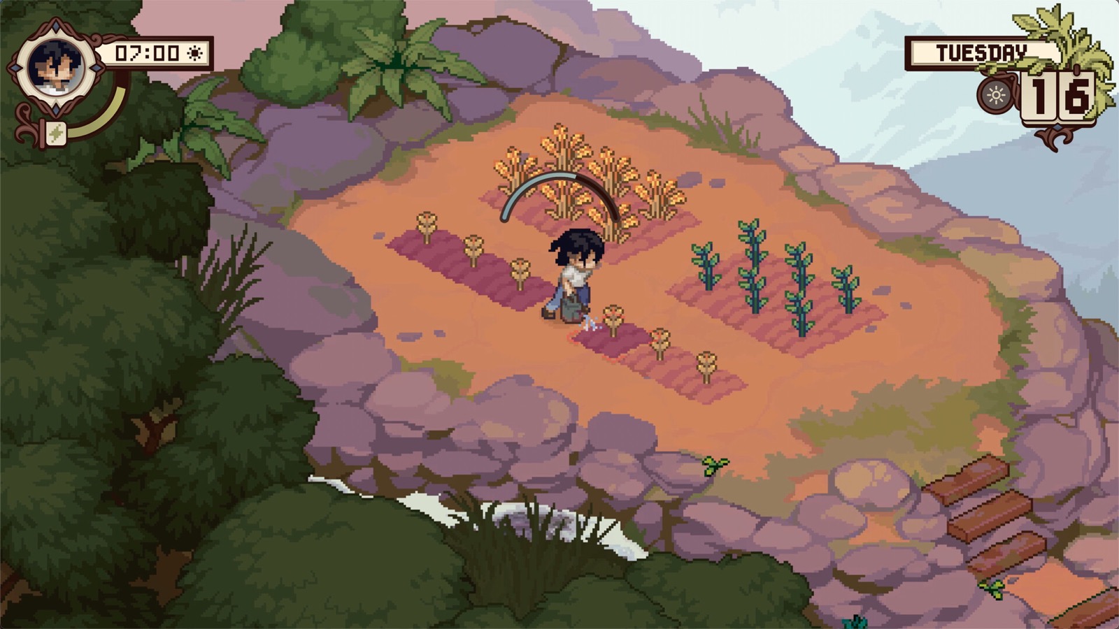 Official Grave Seasons screenshot showing the player watering a marked square inside a cultivated plot