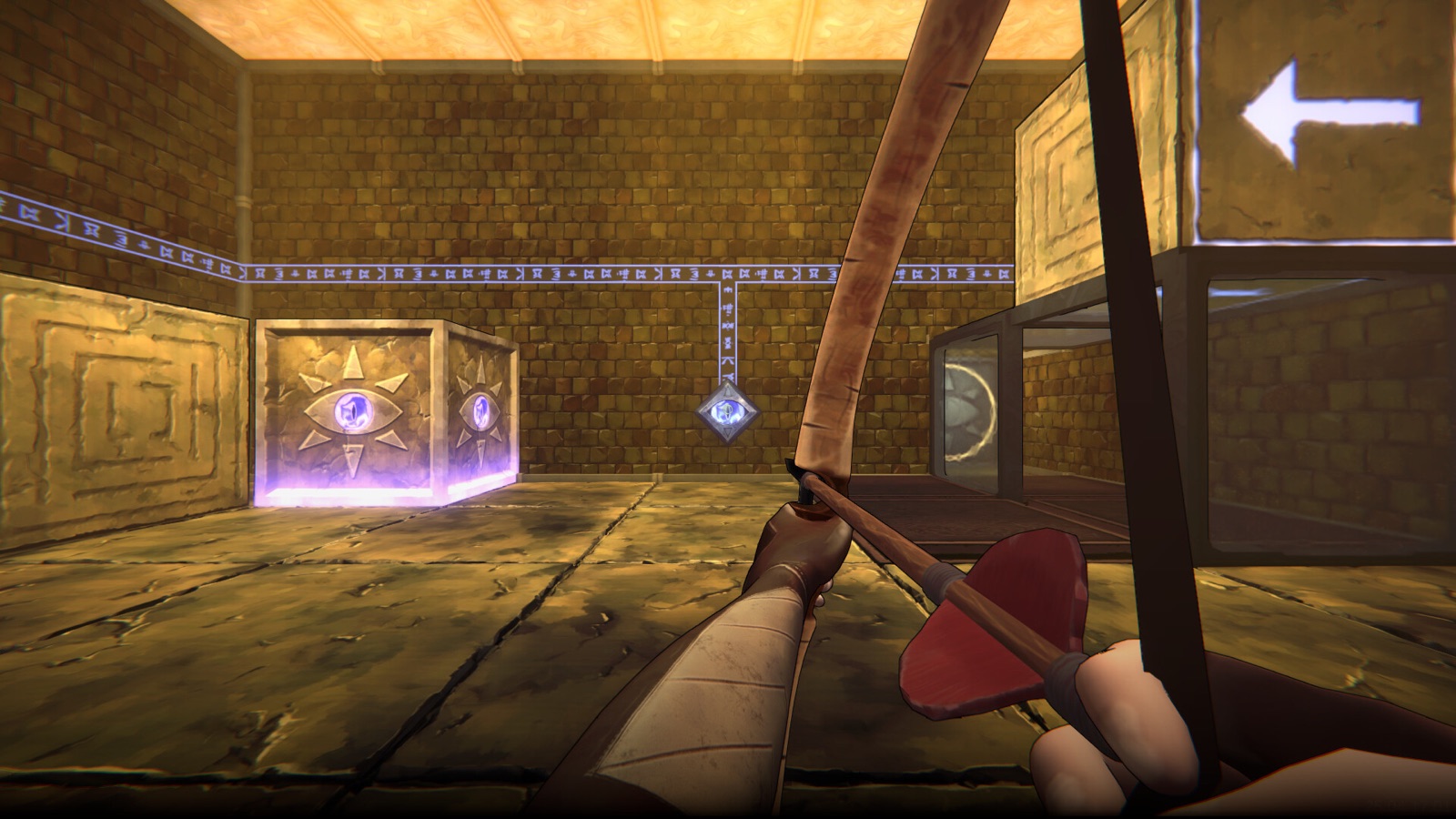 Official He Who Watches gameplay screenshot showing a bow aimed at a glowing cube beside a wall direction marker