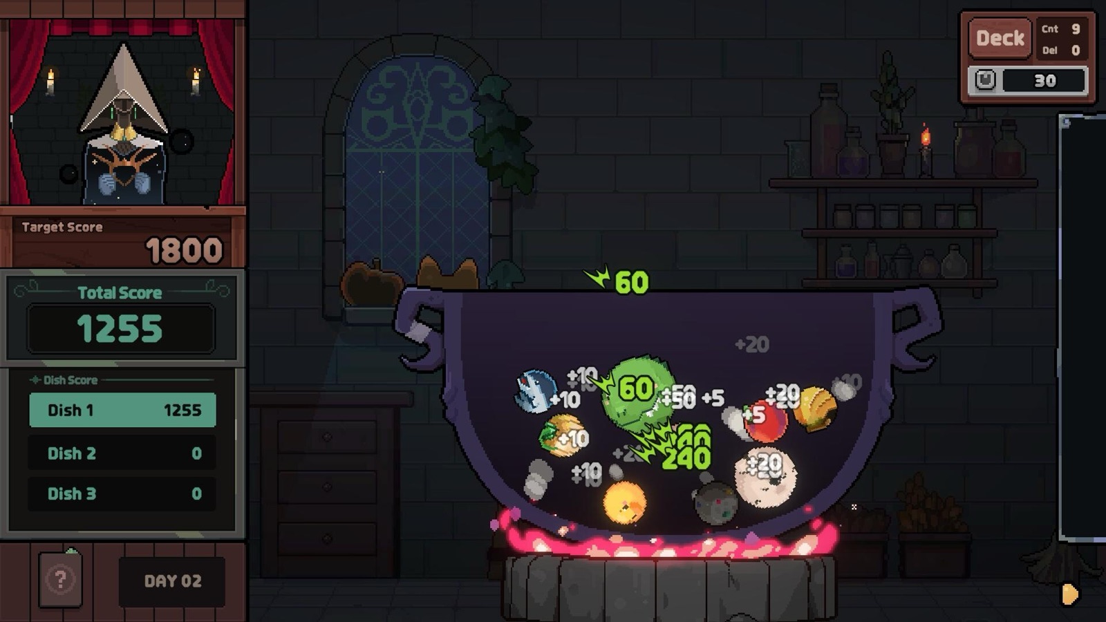 Official Kinny and the Cosmic Cauldron gameplay screenshot showing ingredients colliding inside the cauldron while score values appear