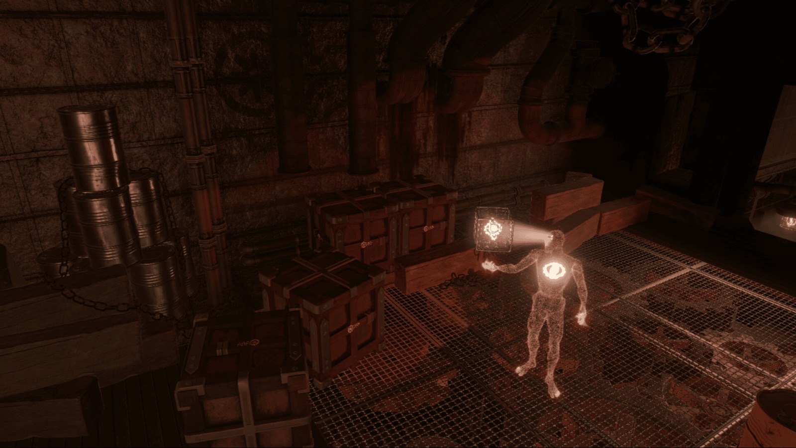 Official LIGHTPUNK gameplay screenshot showing a glowing cube casting a narrow beam toward a luminous human outline in a dark industrial room