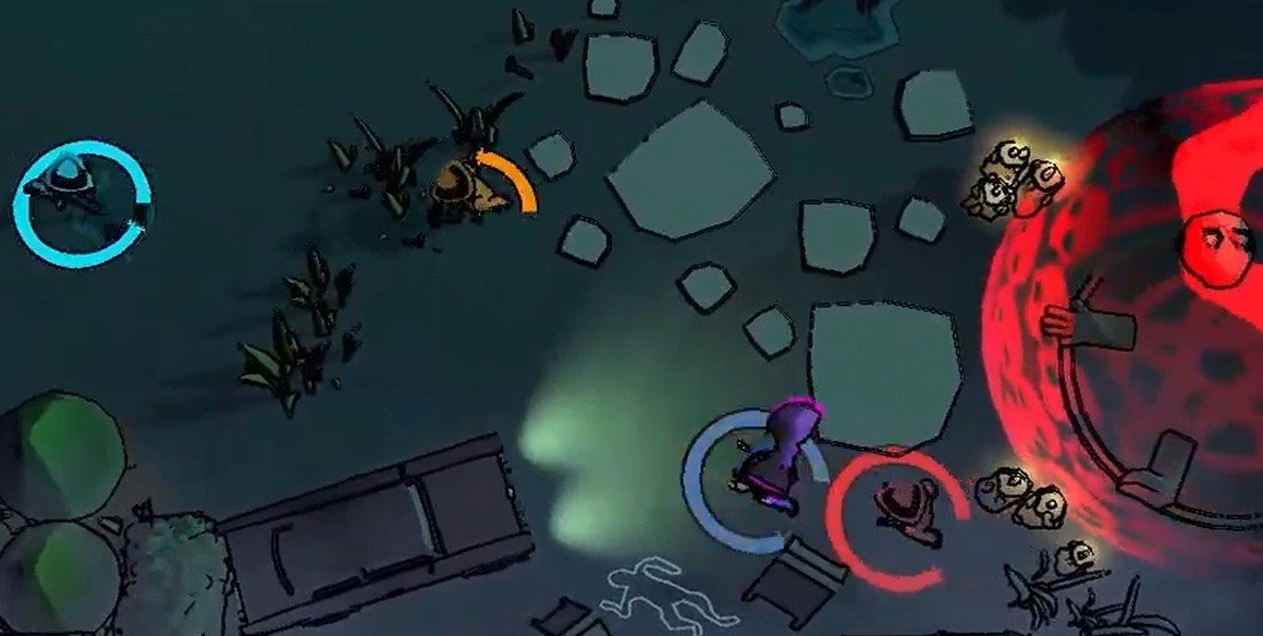 Official NecroGangsters gameplay screenshot showing three players converging near a red altar while loose monster body parts lie around the arena