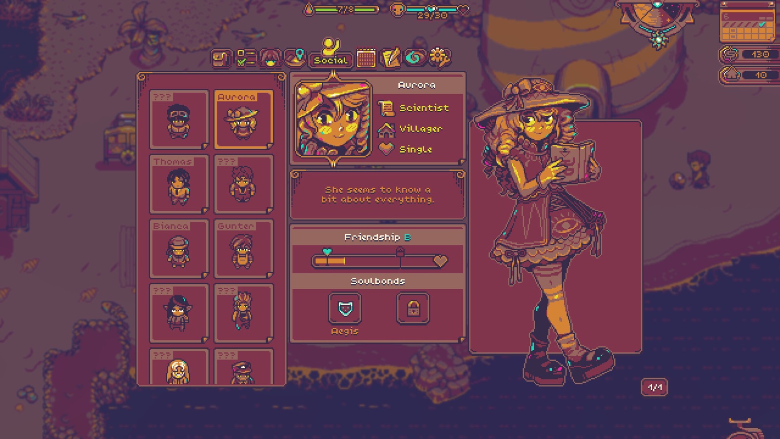 Official Neverway screenshot showing Aurora's friendship level and the Soulbonds unlocked through that relationship