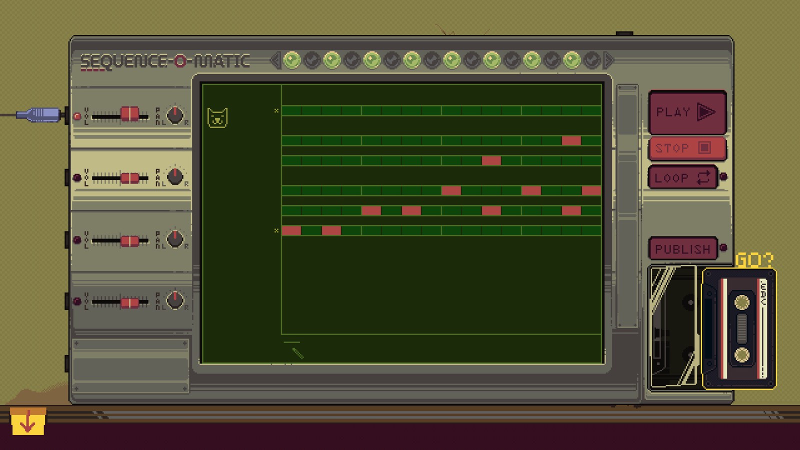Official OFFBEAT screenshot showing a four-track step sequencer, playback controls, a publish button, and a cassette