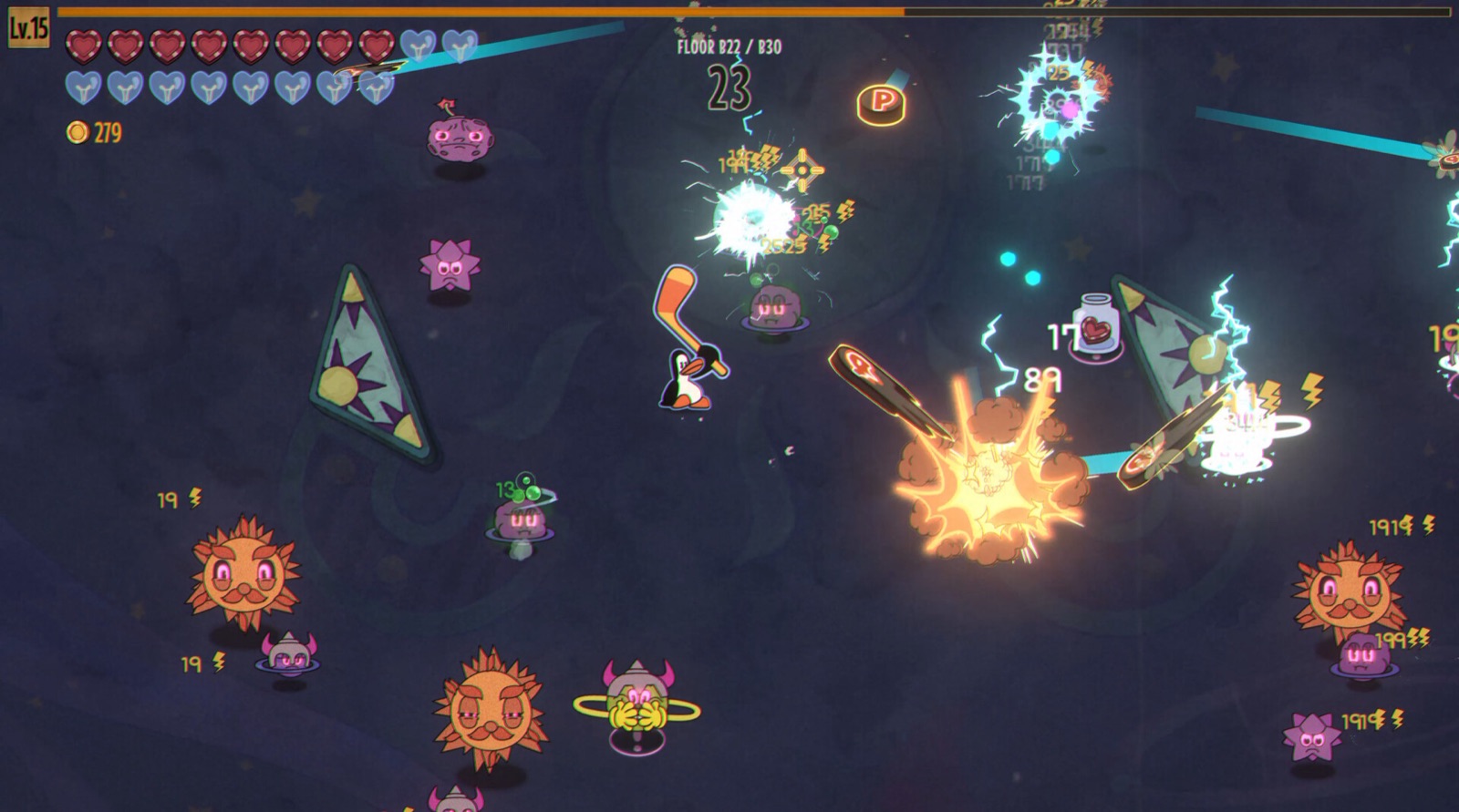 Official PengPong gameplay screenshot showing the penguin surrounded by ricocheting weapons and enemies