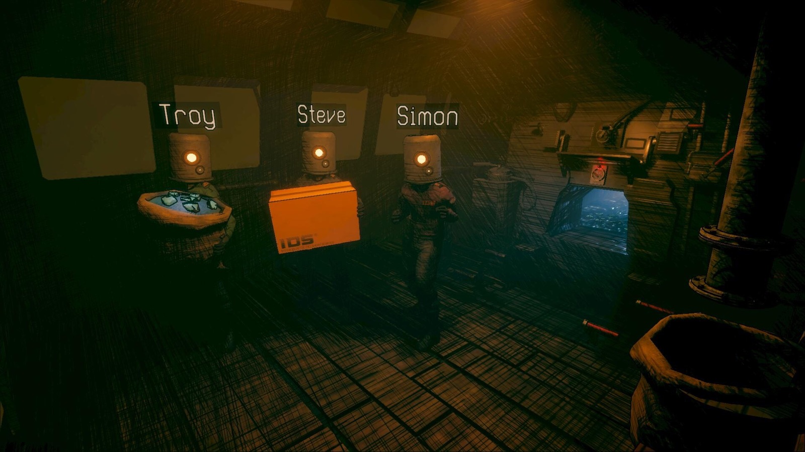 Official Planetary Delivery Boys gameplay screenshot showing three named crew members standing around an orange IDS package inside the train