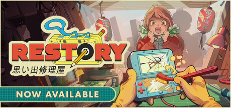 Official ReStory store artwork showing a handheld device being repaired at a busy workbench