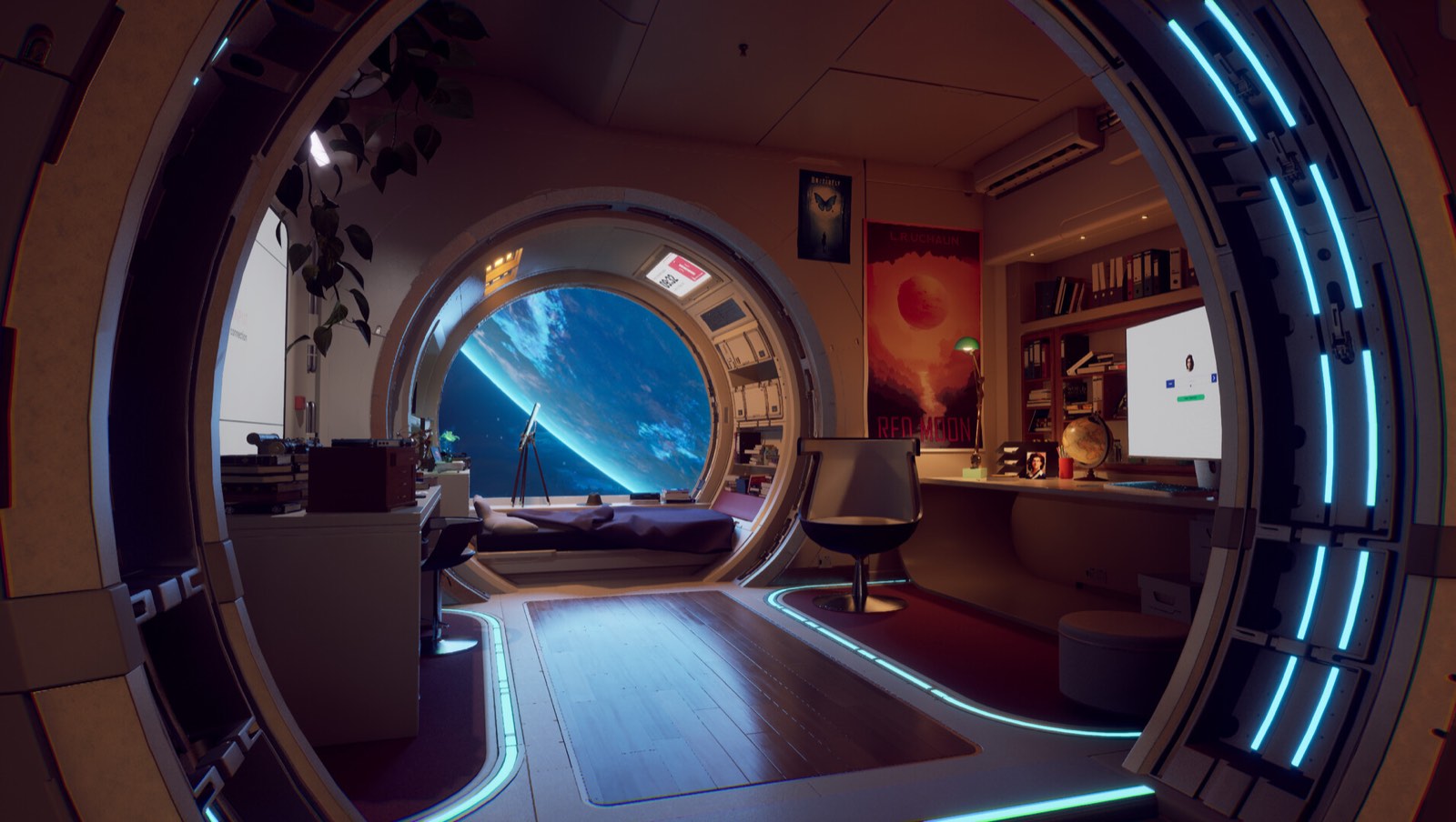 Official Rivage screenshot showing a lived-in cabin aboard the A.R.E.S. station with a planet visible through the window