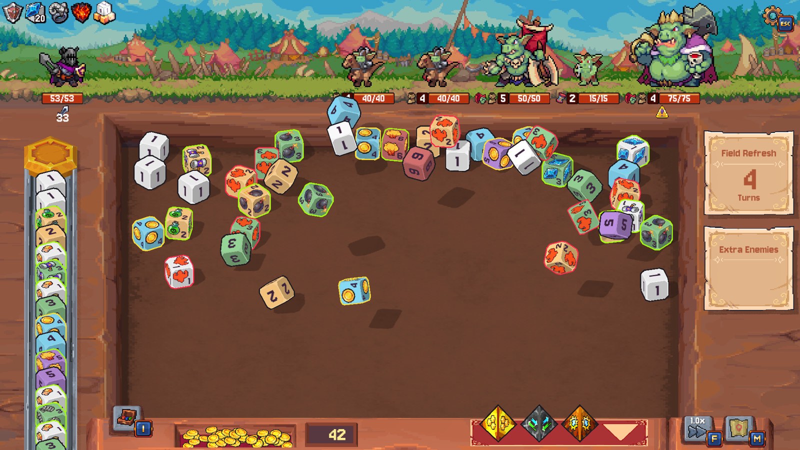 Official Rune Dice screenshot showing dice arranged on a combat field