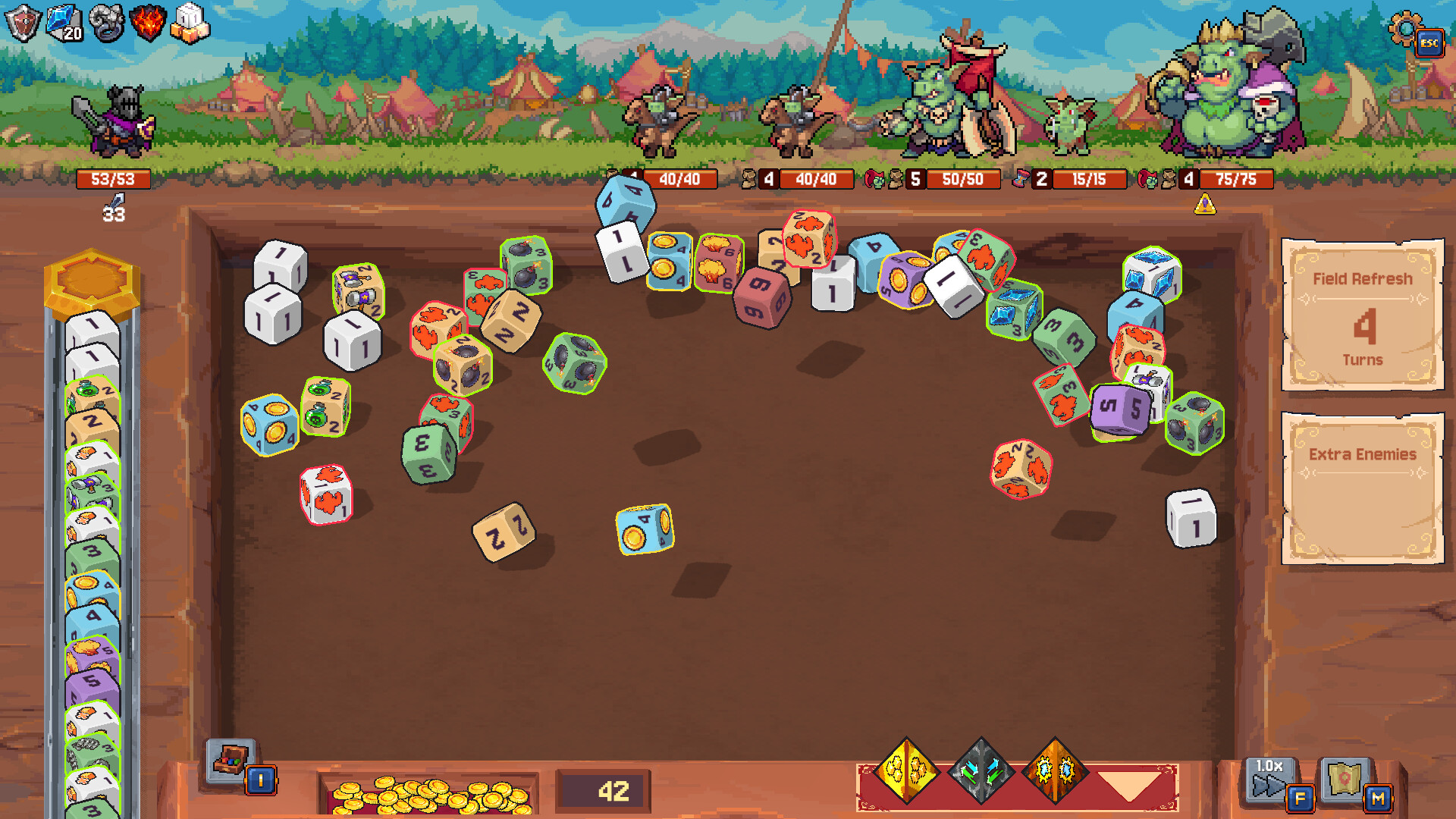 Rune Dice combat board with dice spread across the battlefield