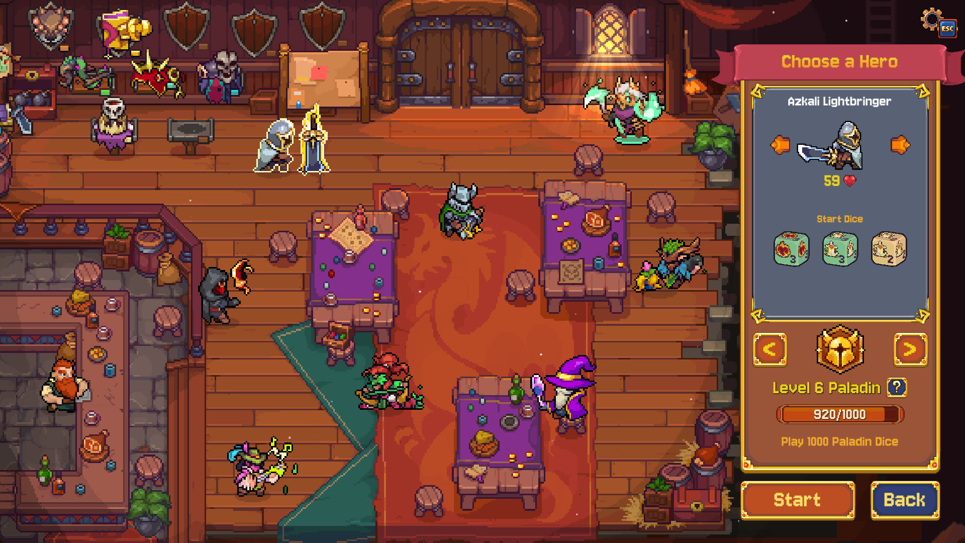 Rune Dice tavern and inventory screen for choosing a run direction