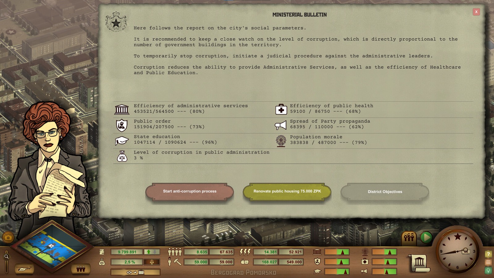 Official Socialiskigrad gameplay screenshot showing a ministerial bulletin over the city with service statistics and objective buttons