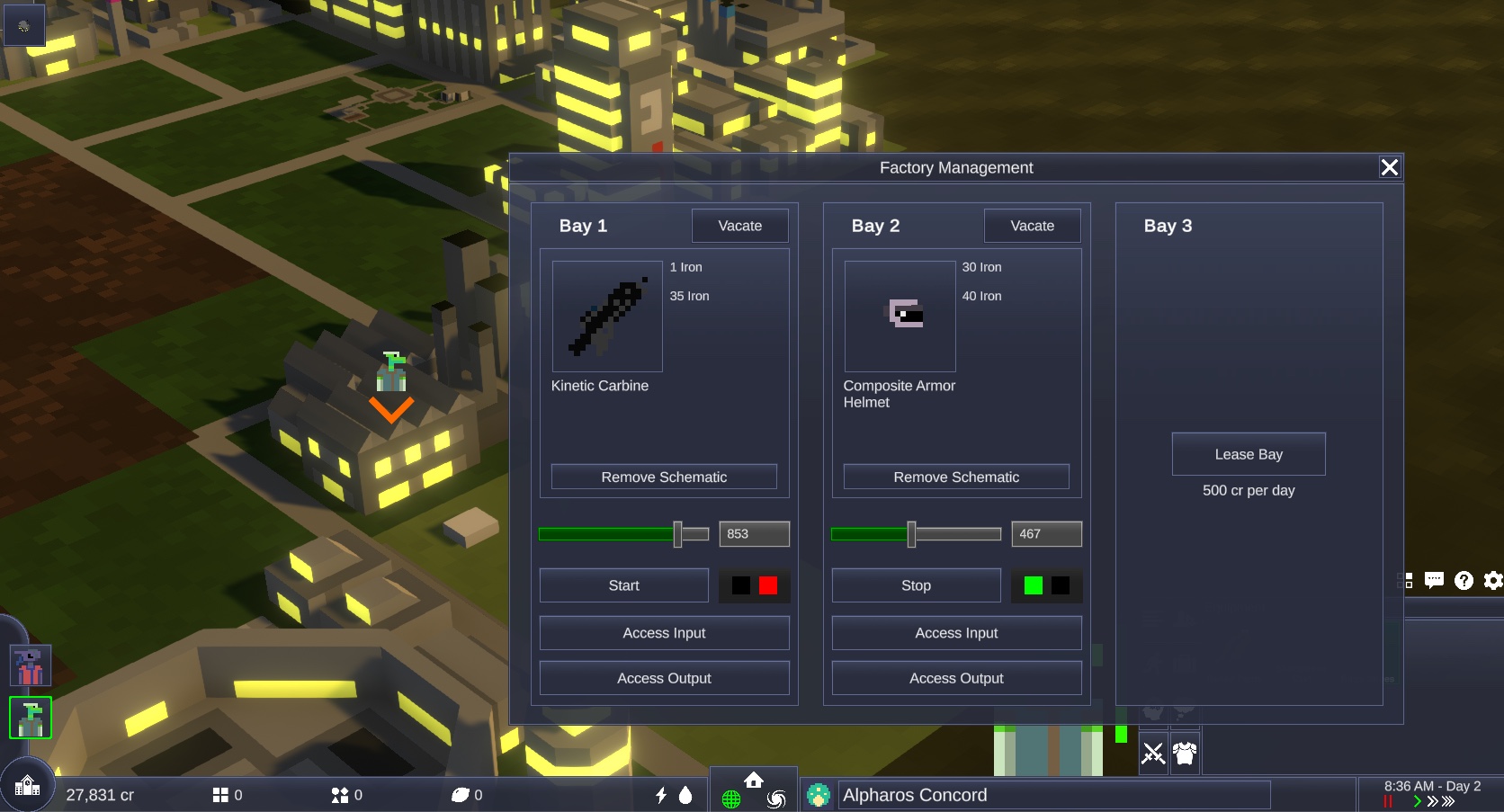 Official Synthaar gameplay image showing a factory management panel with a Kinetic Carbine schematic in one production bay, an armor helmet schematic in another and an empty third bay