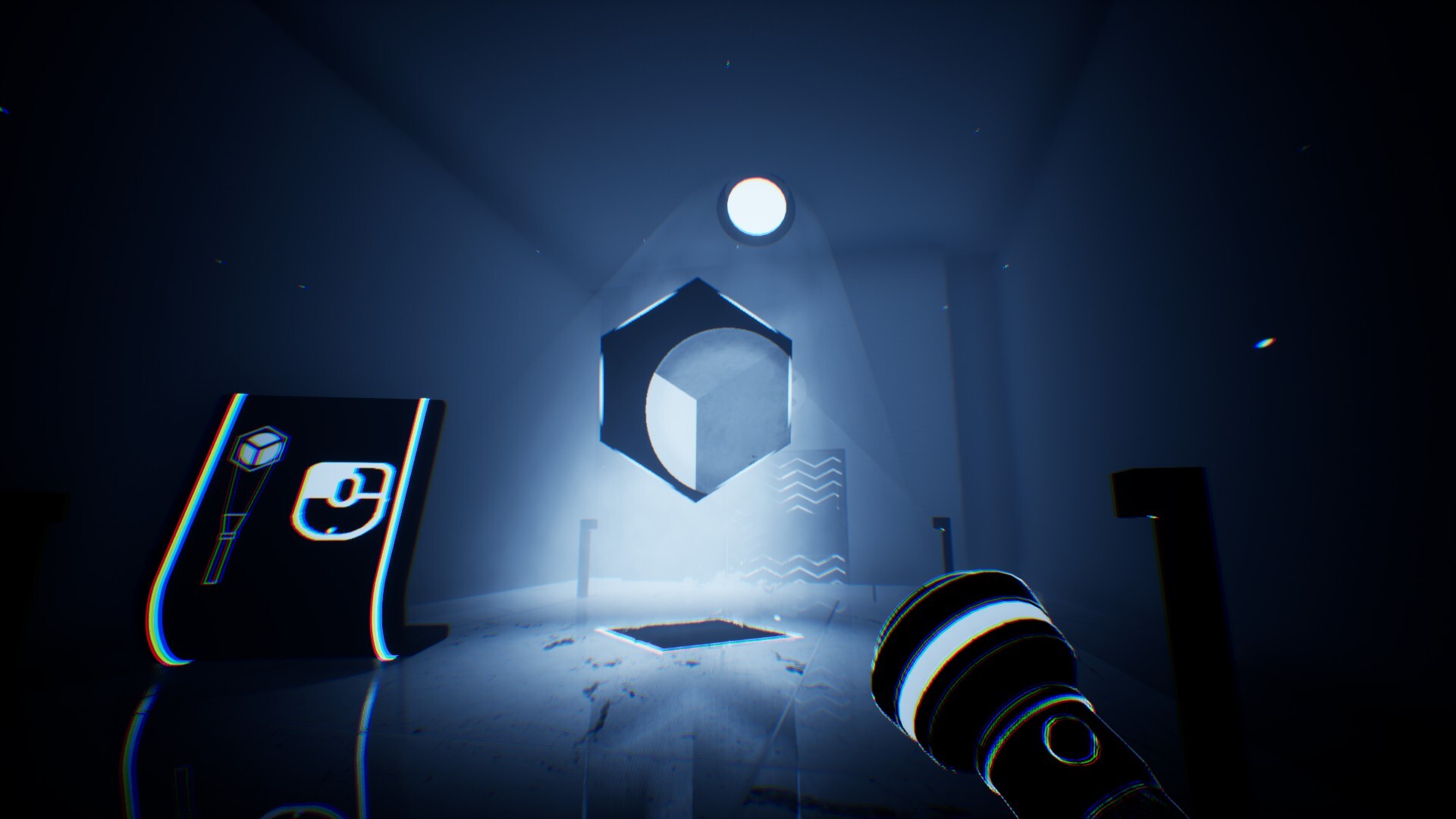 Official THANKS, LIGHT. screenshot showing a flashlight beam turning a flat geometric outline into a solid cube