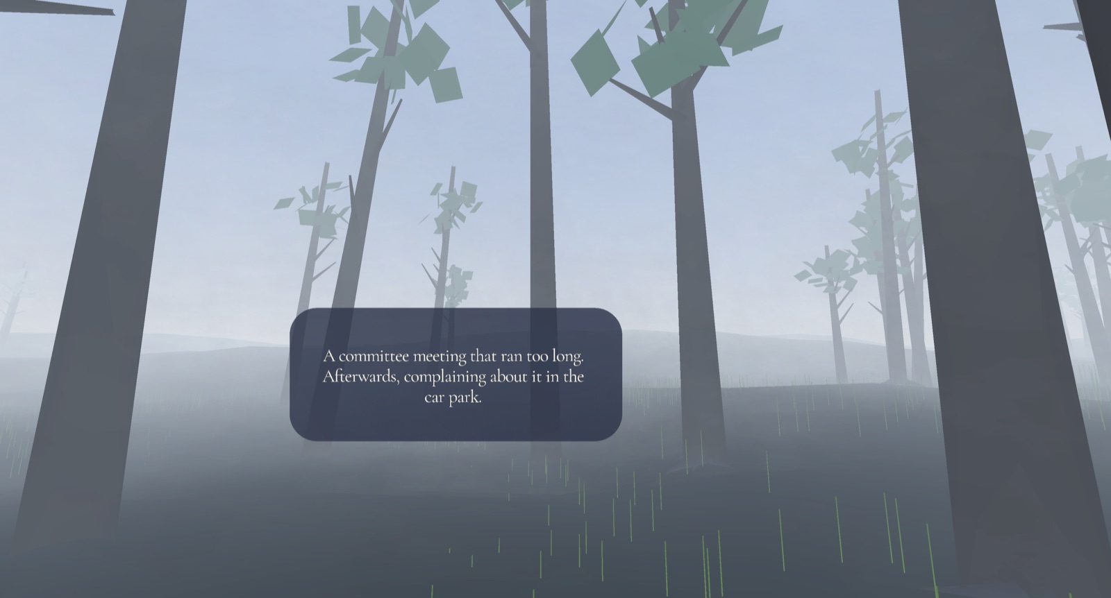 Official The Last Connection screenshot showing a small memory about a committee meeting floating among pale trees in a foggy landscape