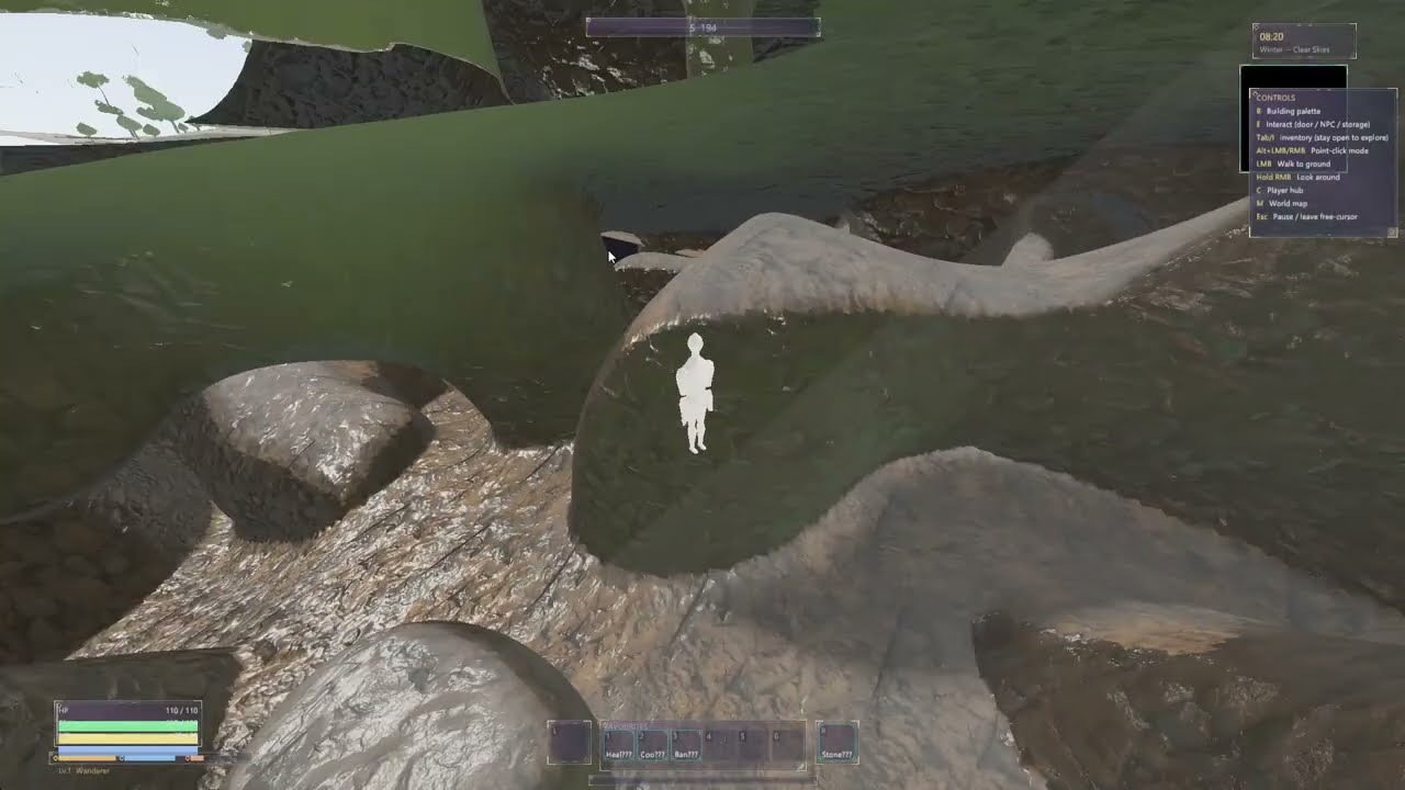 Official Where Giants Rust raw gameplay thumbnail showing a white character silhouette inside layered green and grey block terrain with ground overhead
