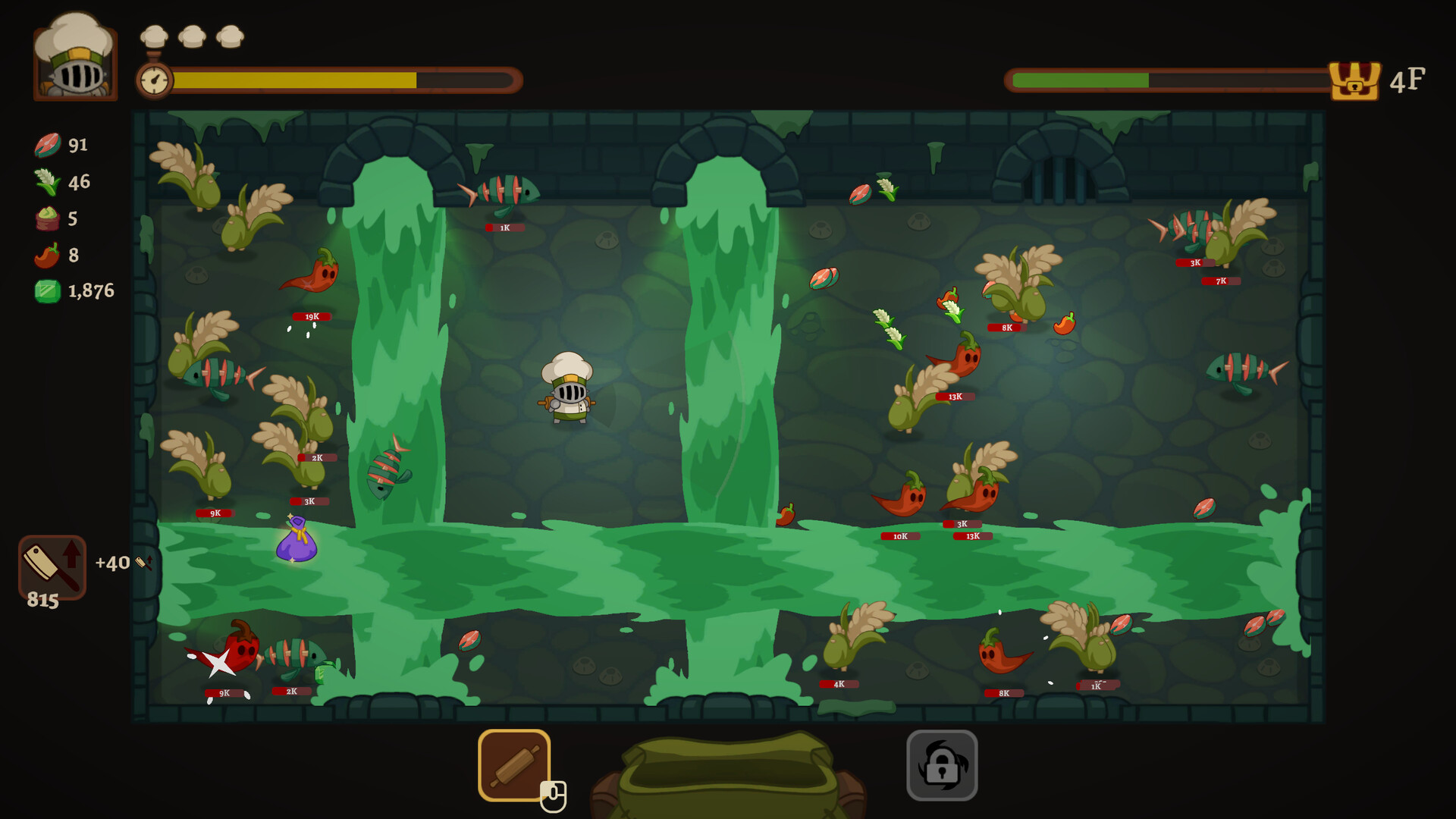 Chef Knight fighting enemies in a dungeon while combat resources and drops remain visible.