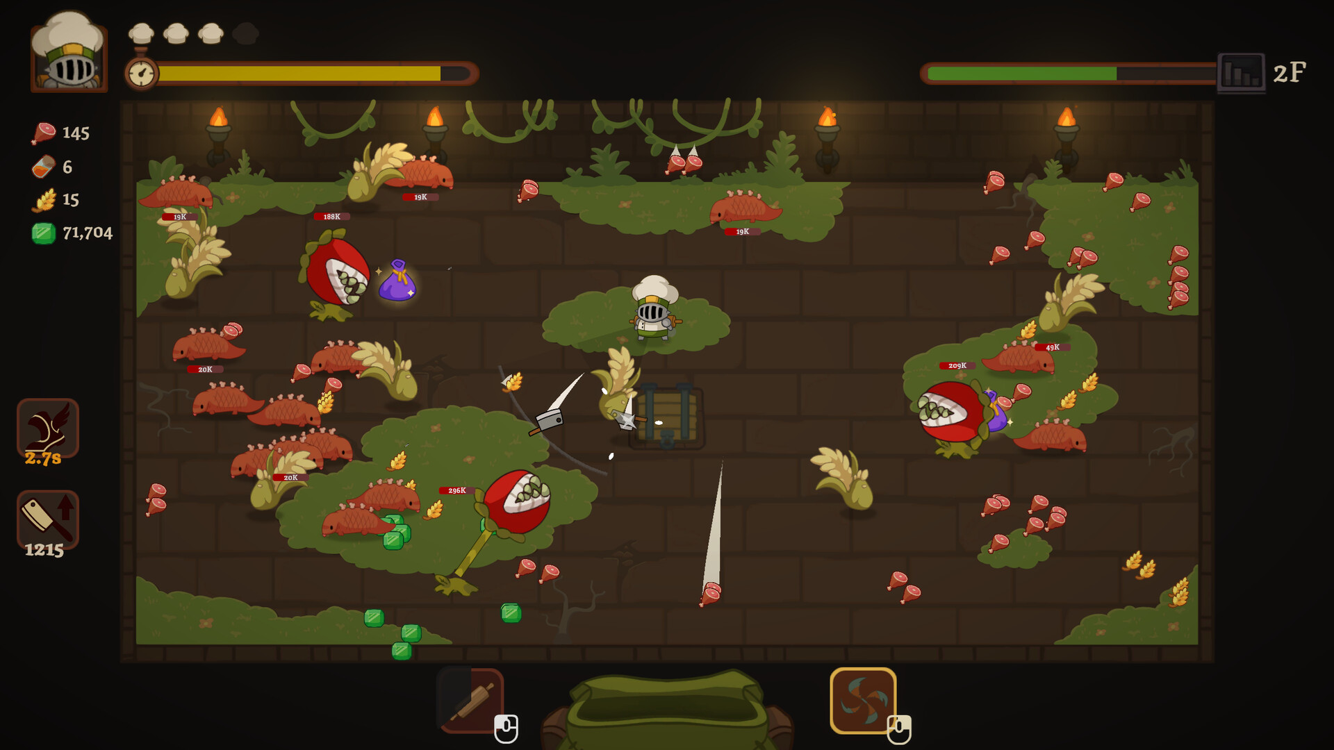 Chef Knight in another dungeon encounter with dropped ingredients beside the fight.