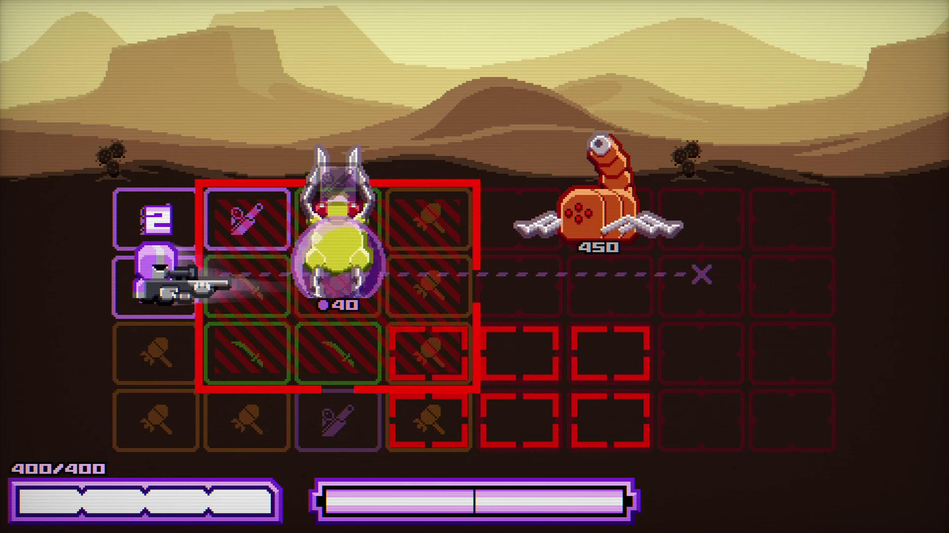 A Chivalware boss encounter with attack ranges marked across the grid.