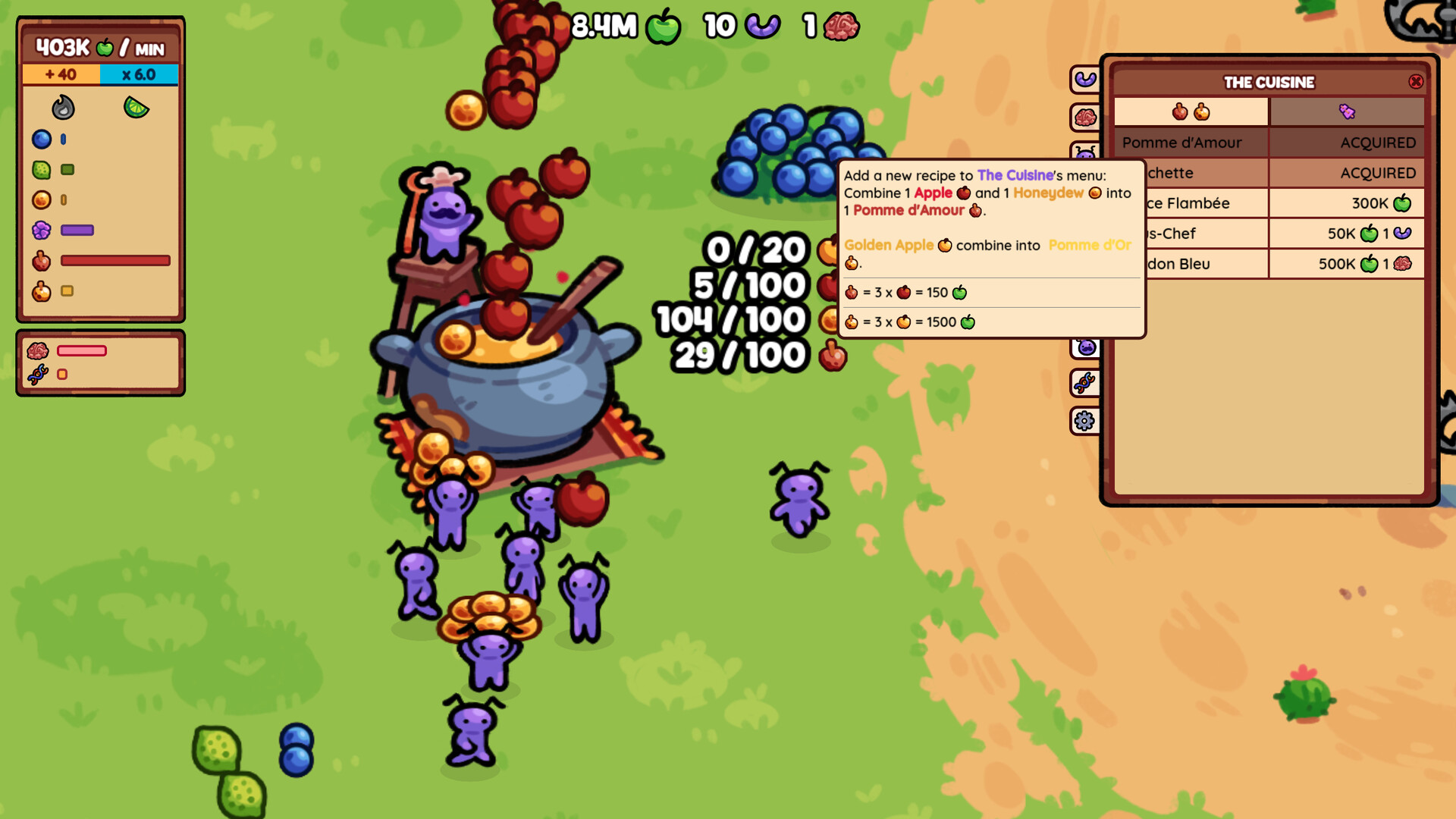The cuisine and recipe interface in FEED THE QUEEN with workers visible behind it.
