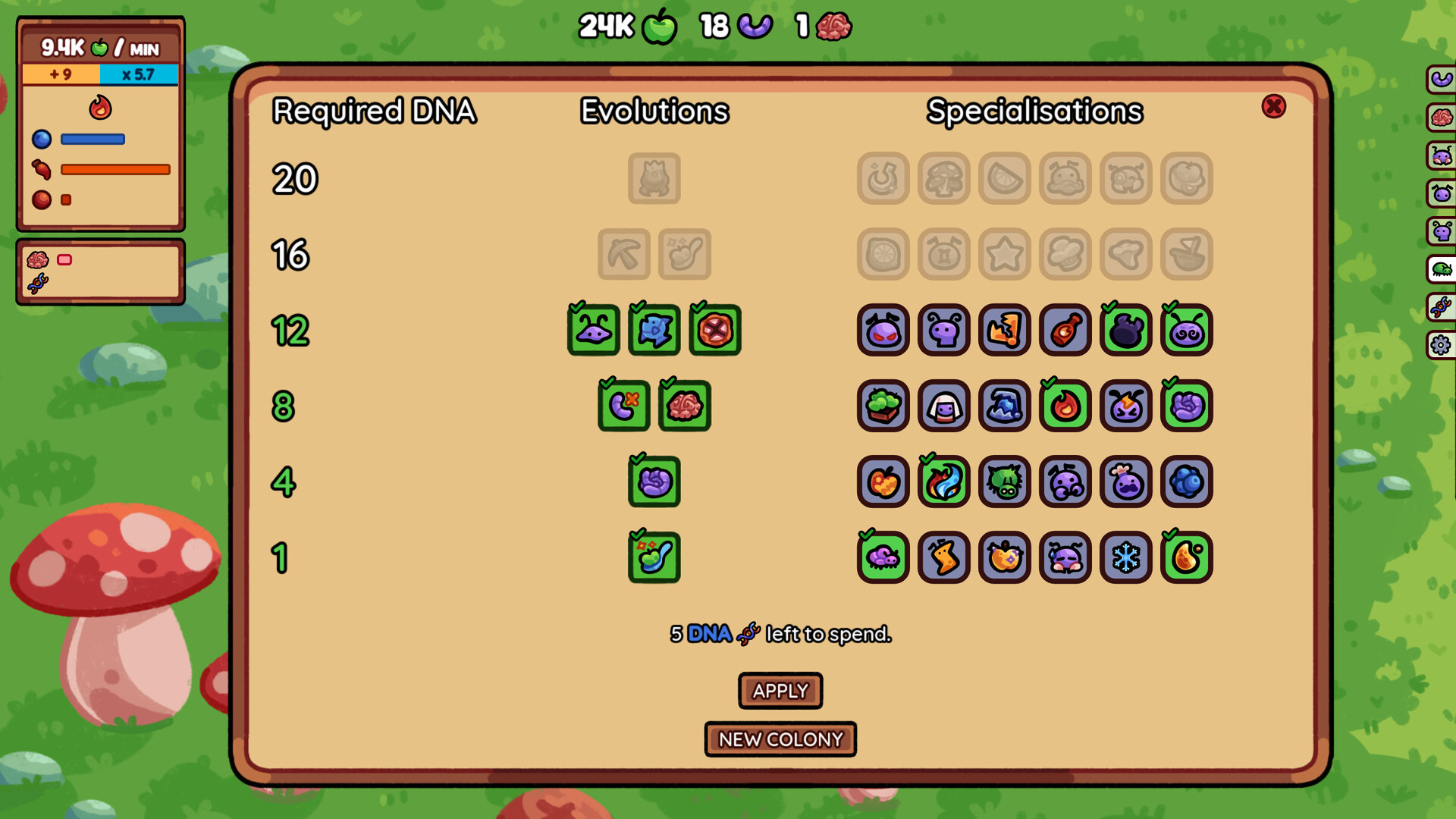 The evolution and specialization interface in FEED THE QUEEN.