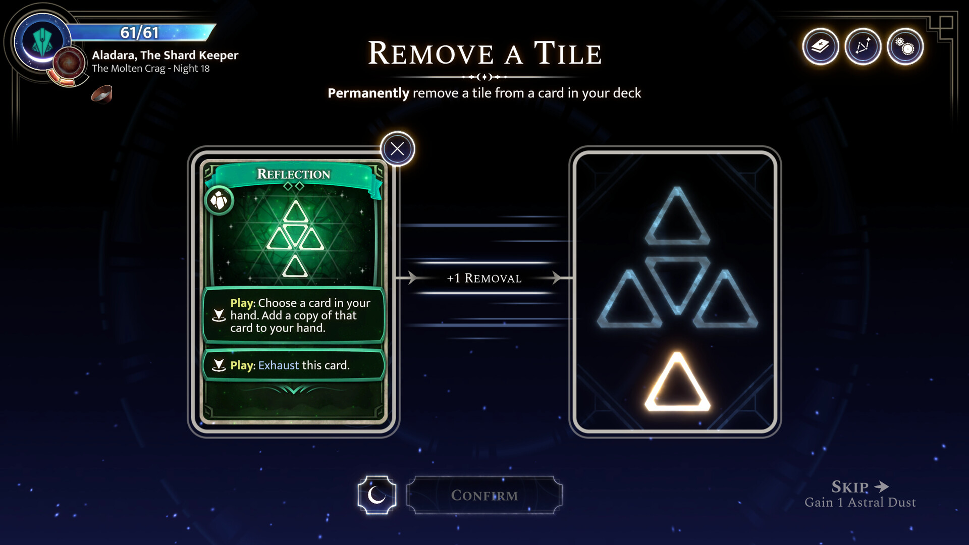 The Moonsigil Atlas deck-editing interface with a card selected for removal.