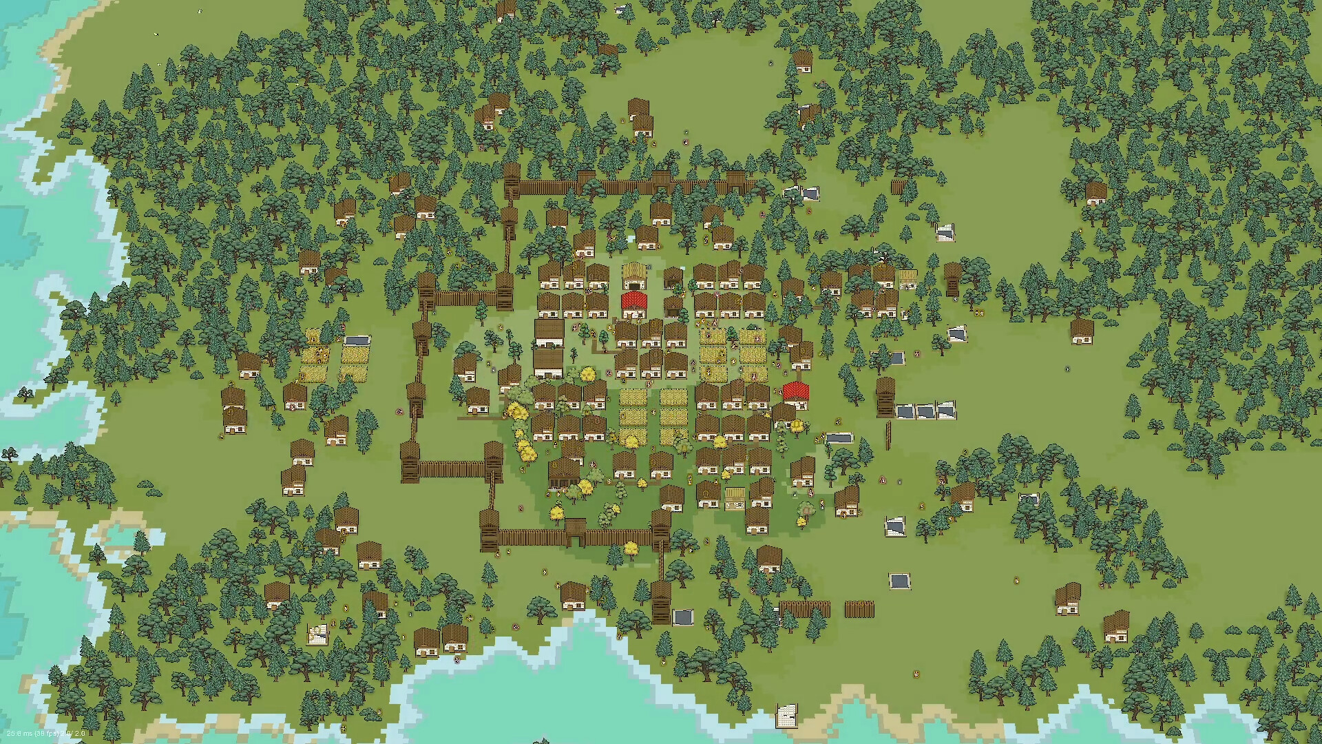 A settlement overview in Pandora's Toybox with buildings, roads, and resources visible.