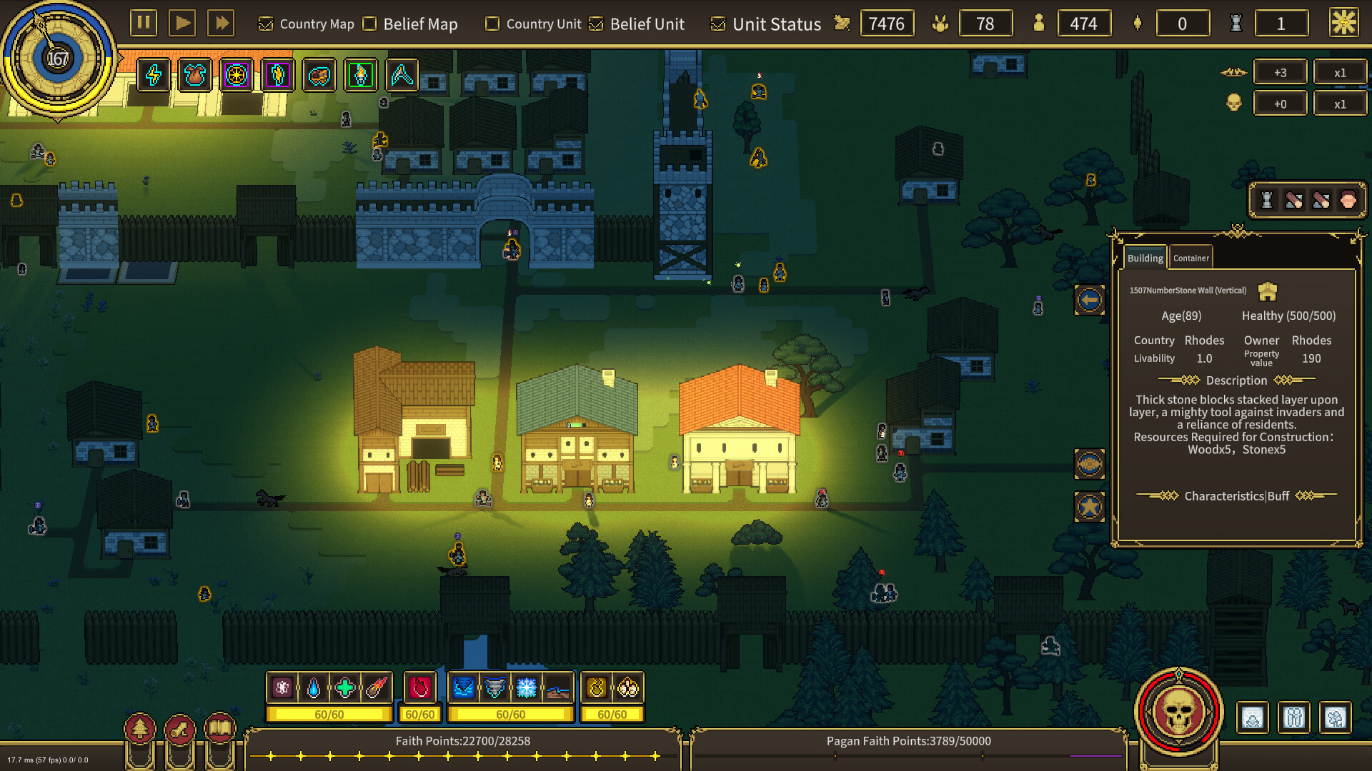 A night settlement view in Pandora's Toybox with a stone-wall building panel open.