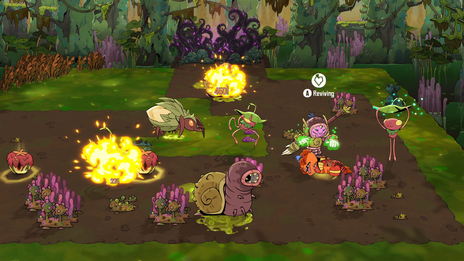Four Rotwood hunters fighting together while health and equipment remain visible.