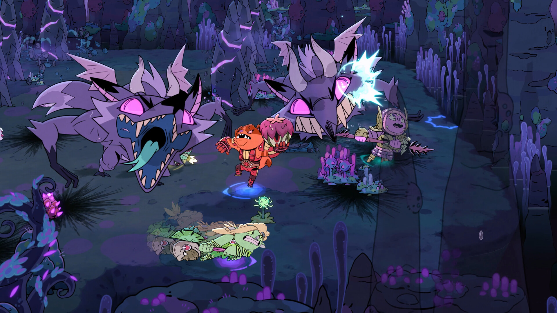 A Rotwood co-op battle with a downed-hunter revival prompt.