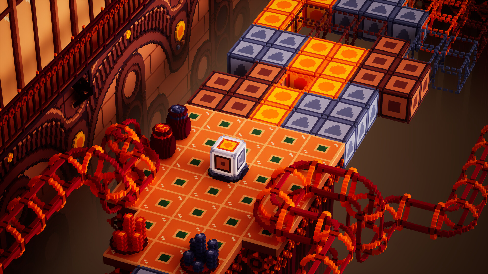 A Spellsided voxel puzzle board with movable pieces.