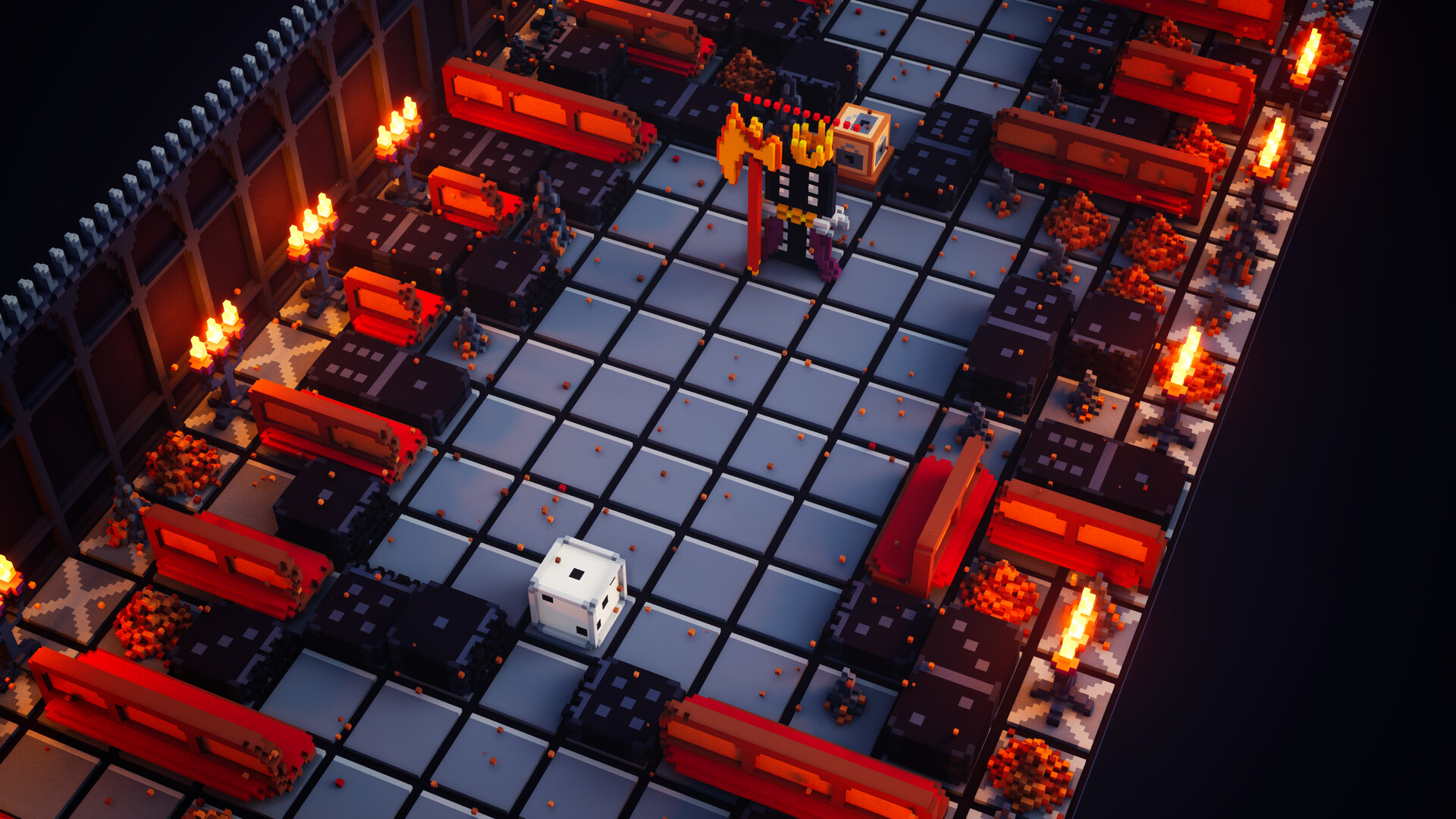 A red arena board in Spellsided with the player die and an opponent.