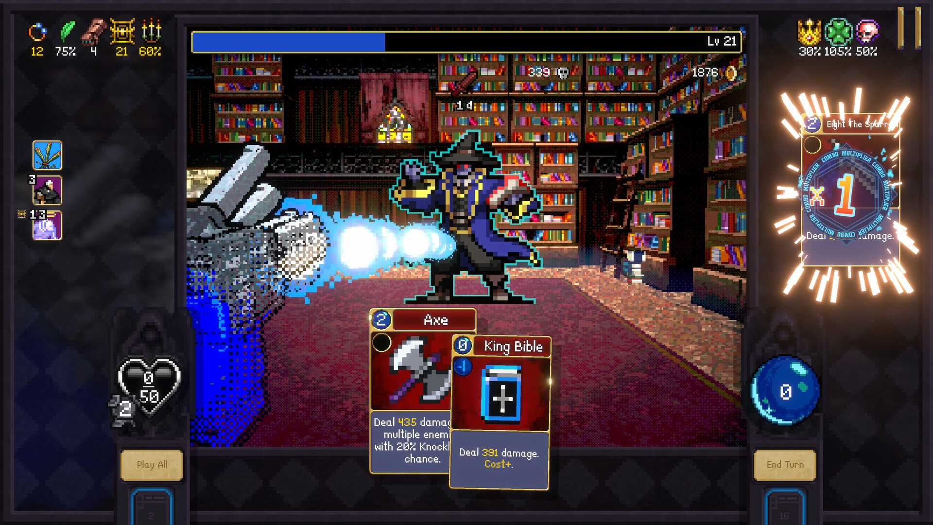 A Vampire Crawlers combat hand with combo effects resolving.