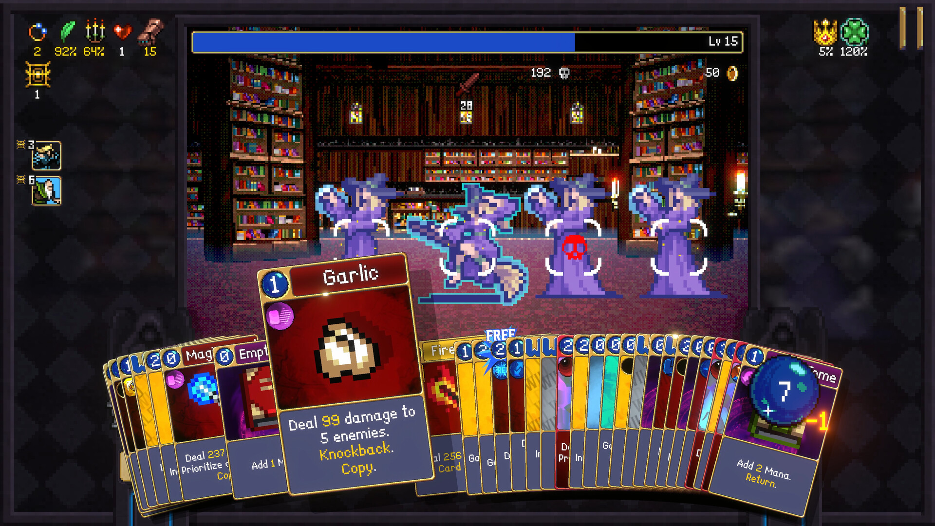 A large Vampire Crawlers hand facing several enemies in a library.