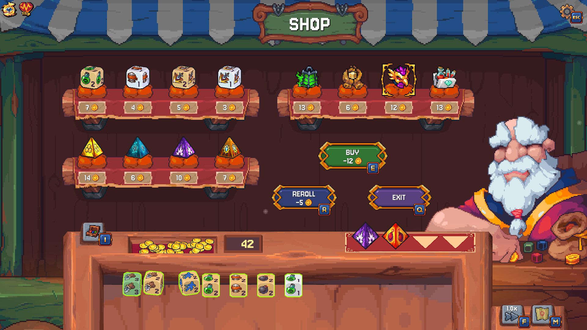 Official Rune Dice screenshot showing a shop beside the current dice build