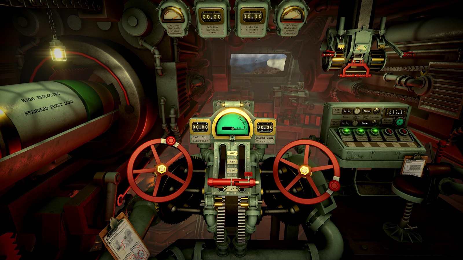 Official IRON NEST gameplay screenshot showing the ammunition rack, elevation controls, turret console, and firing mechanisms