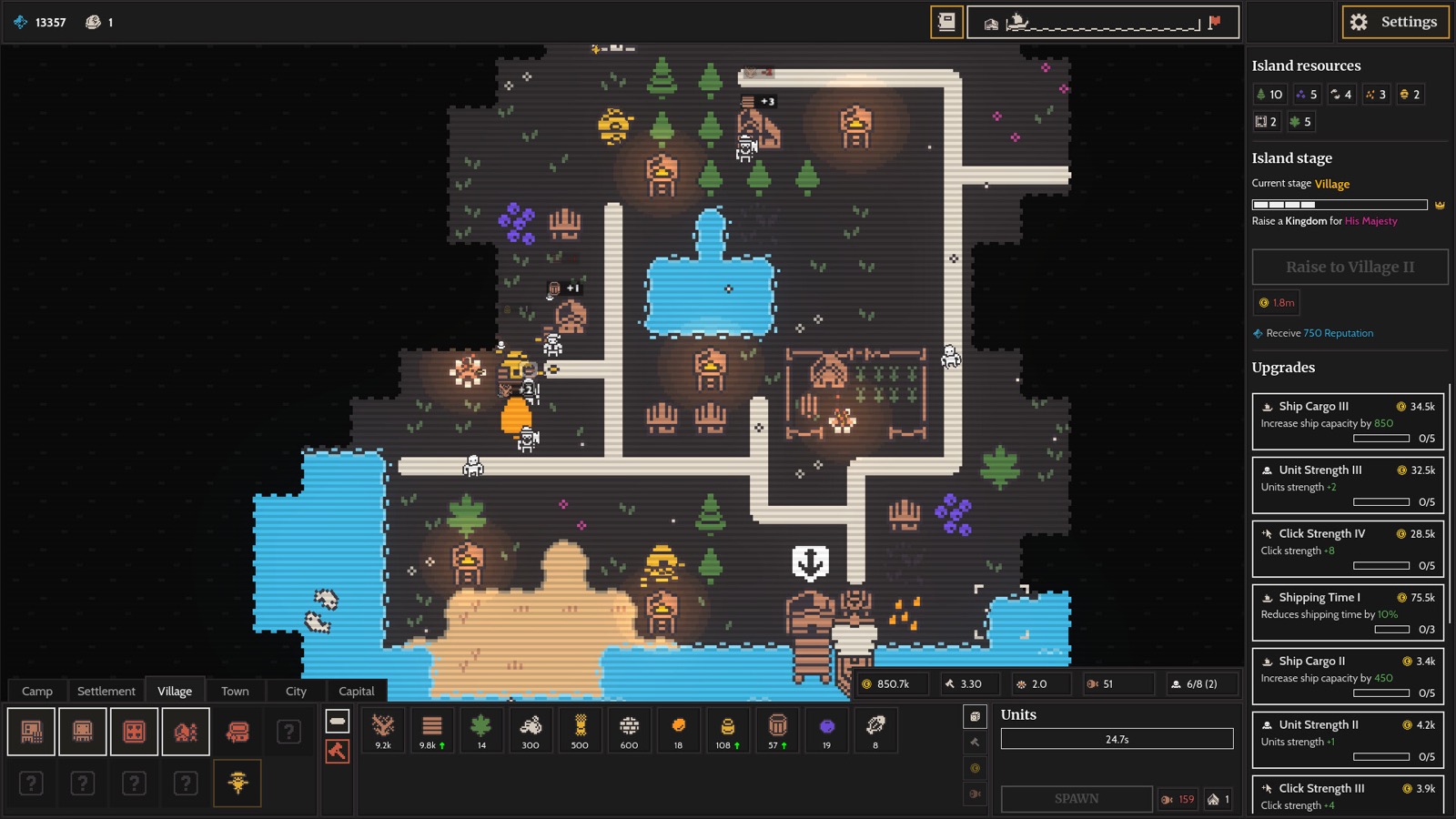 Official Clicky Islands gameplay screenshot showing a developed island, resources, units, upgrades, and production controls