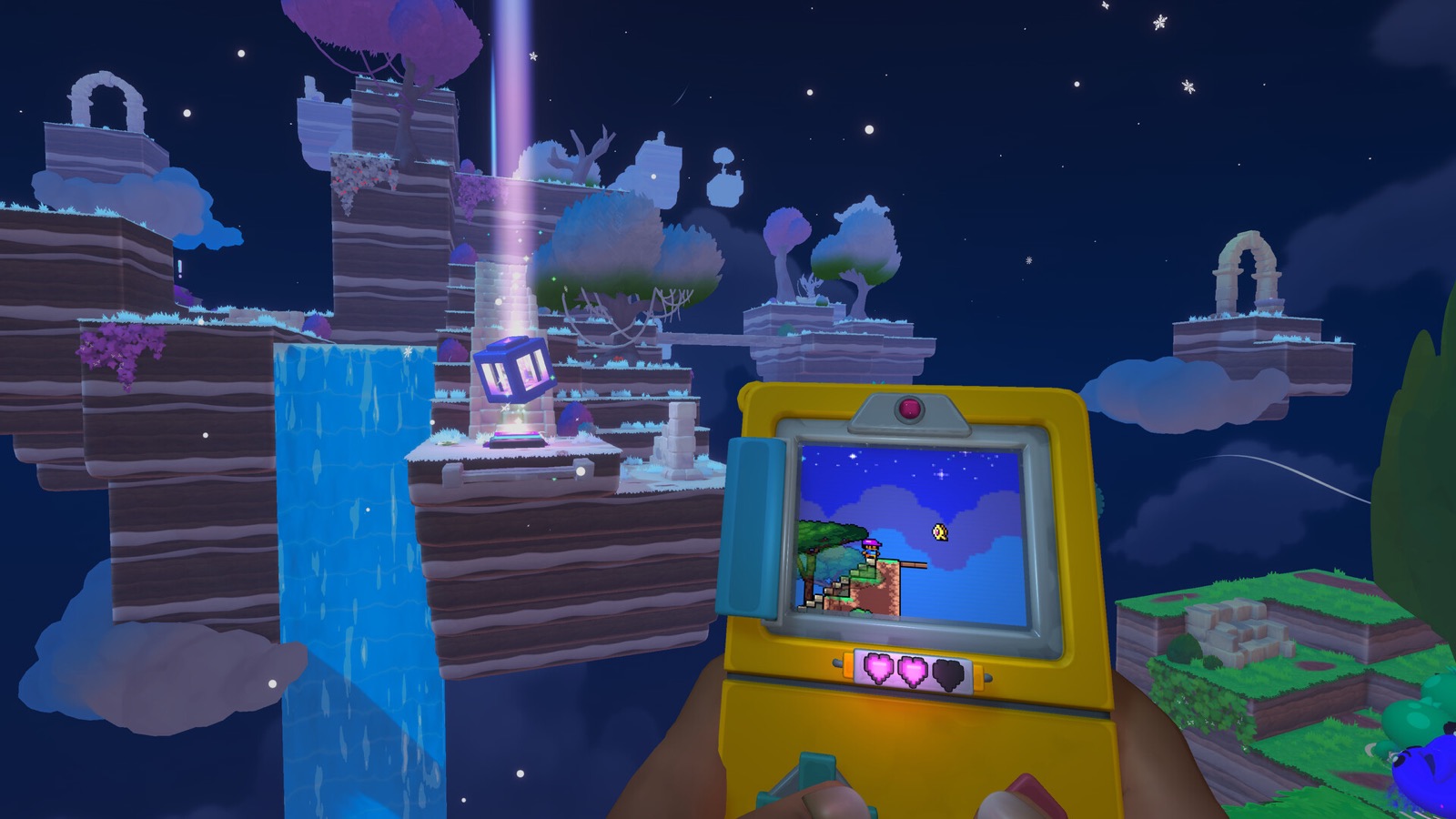 Official Screenbound gameplay screenshot showing a handheld 2D platformer inside a first-person 3D world