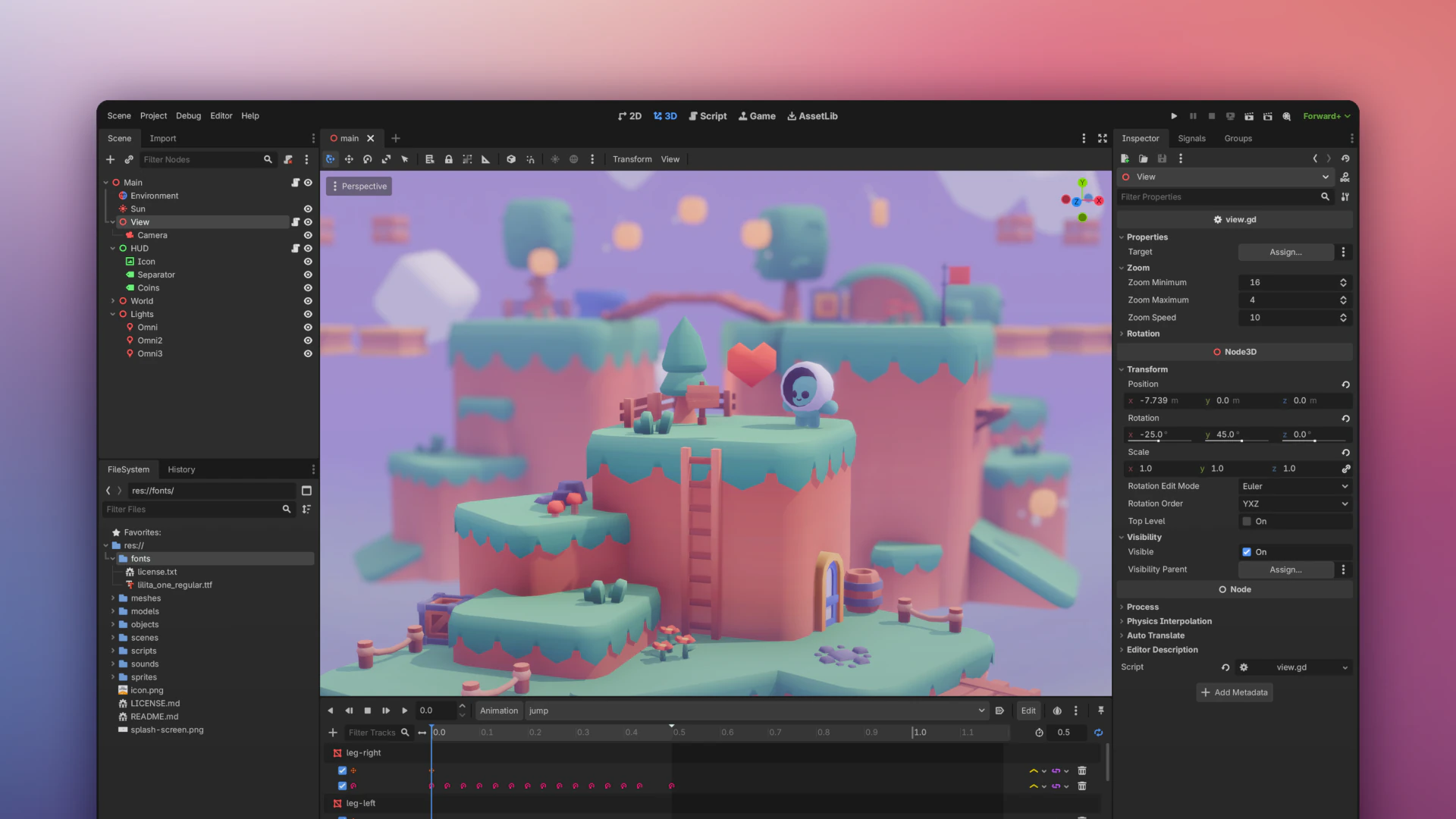 Official Godot 4.6 screenshot showing a game project inside the editor with scene, filesystem, inspector, viewport, and animation panels
